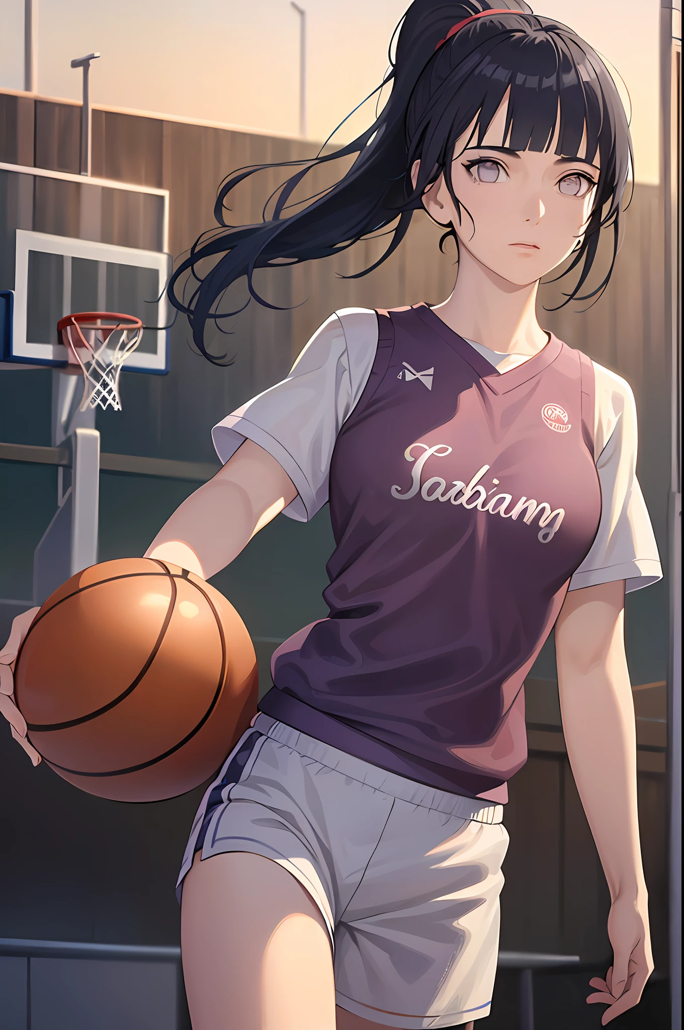 (8k, best quality, masterpiece:1.2), (realistic, photo-realistic:1.37), ultra-detailed,best quality, ultra high res, professional lighting, photon mapping, radiosity, physically-based rendering, cinematic lighting, ((basketball court)),depth of field, sharp focus,sunbeam, good composition,(bokeh:1.2) 1girl,solo,(full body), (closed mouth),beautiful detailed eyes, pose, narrow waist,(((basketball uniform))),messy hair,long hair floating in wind,(ulzzang-6500:1.2)
mix4, hiqcgbody, ((blunt bangs)), dark blue hair, purple eyes, ((ponytail)), medium breast, ((girl))