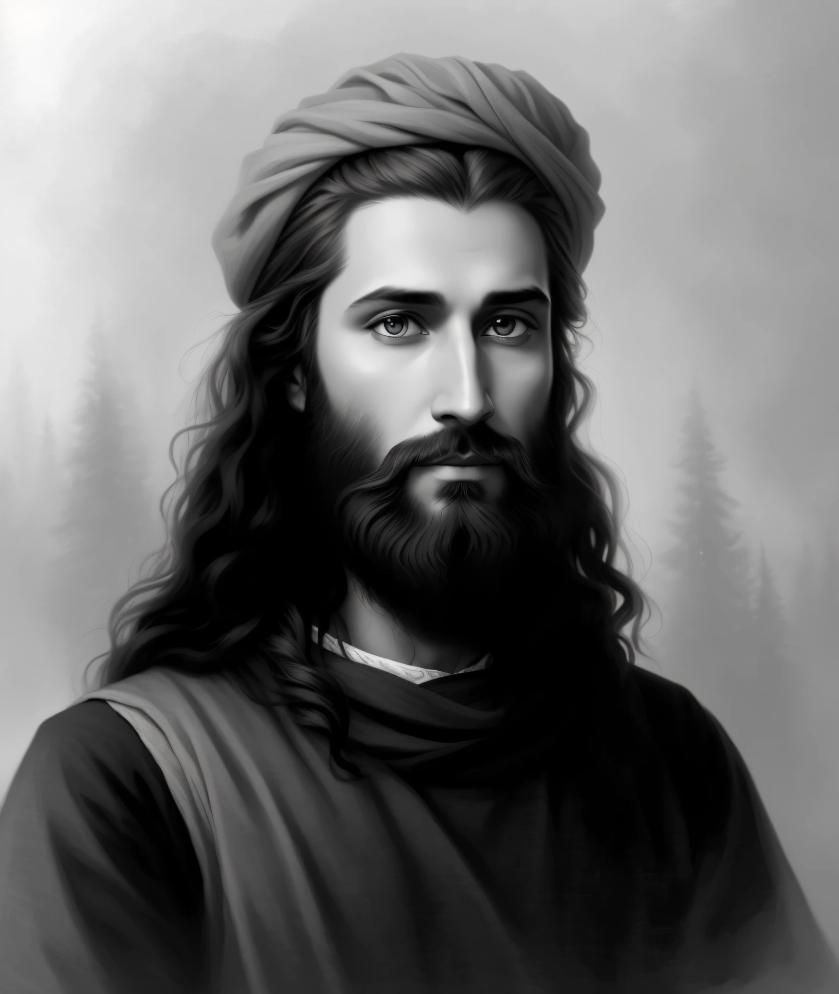 a painting of a man with long hair and beard, classic Indian turban, dark curly hair, male fantasy portrait, digital fantasy portrait, Greek myth digital painting, Portrait of Jesus Christ, Jesus Christ, detailed matte fantasy portrait, digital illustation, renaissance digital painting, fantasy art portrait, brilliant angelic being, fantasy portrait, detailed digital painting, face of jesus, Godrays digital painting, Detailed digital art in 4k --auto --s2