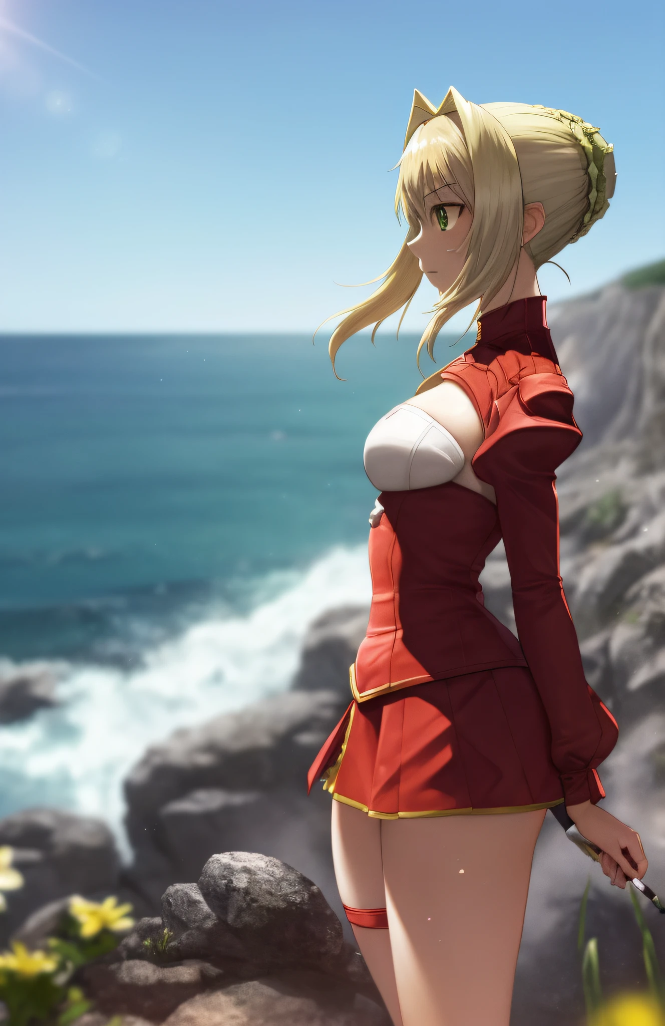 (wide shot, very wide shot, blurry foreground, blurry background, perspective:1.1), NSFW, (1girl, solo focus:1.2), group profile, ocean view, rocky terrain, grassy slopes, wildflowers, sea spray, windy, cool, ([Nero Claudius \(Fate Series\)|Lisbeth \(Sword Art Online Series\)]:1.4), (vanishing point:1.0), from side, looking away, angry, Standing, Smoking A Cigarette, female, subsurface scattering:1.0, ray traced:1.4, depth of field:1.1, bokeh:0.5, god rays:1.1, vivid colors:0.8, cinematic hard lighting:0.5, realistic shadows:0.7,