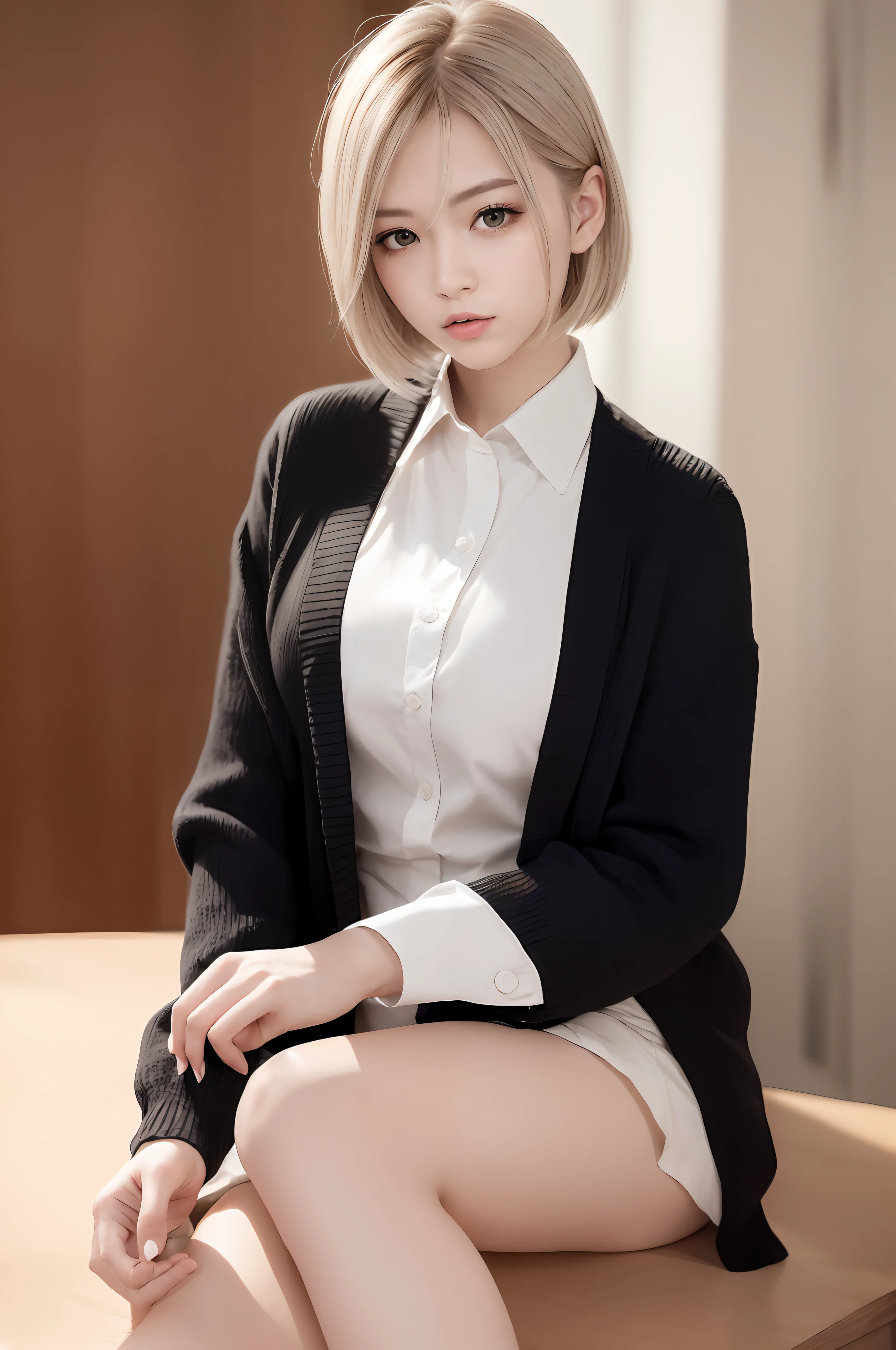 (RAW photo, best quality), (realistic, photo-realistic:1.3), masterpiece, an extremely delicate and beautiful, extremely detailed, CG, unity , 2k wallpaper, Amazing, finely detail, light smile, extremely detailed CG unity 8k wallpaper, huge filesize, ultra-detailed, highres, absurdres, soft light, (((short hair:1.3), short bang, silver hair, floating hair novafrogstyle)), beautiful detailed girl, detailed fingers, extremely detailed eyes and face, beautiful detailed nose, beautiful detailed eyes, long eyelashes, light on face, looking at viewer, (closed mouth:1.2), 1girl, cute, young, mature face, (full body:1.3), realistic face, realistic body, beautiful detailed thigh, (ulzzang-6500-v1.1:0.8), business suit, cross-laced clothes, collared shirt, open clothes, in office, detailed office, open cardigan, black thighhighs,