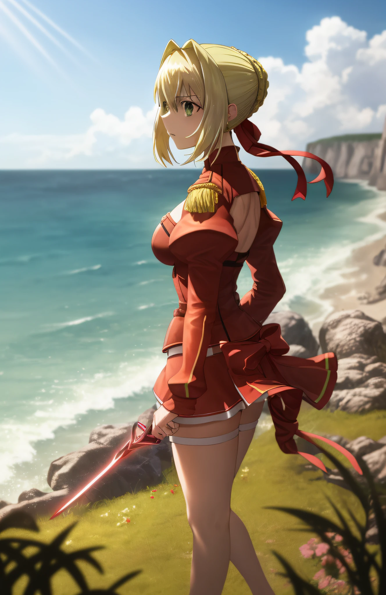(wide shot, very wide shot, blurry foreground, blurry background, perspective:1.1), NSFW, (1girl, solo focus:1.2), group profile, ocean view, rocky terrain, grassy slopes, wildflowers, sea spray, windy, cool, ([Nero Claudius \(Fate Series\)|Lisbeth \(Sword Art Online Series\)]:1.4), (vanishing point:1.0), from side, looking away, angry, Standing, Smoking A Cigarette, female, subsurface scattering:1.0, ray traced:1.4, depth of field:1.1, bokeh:0.5, god rays:1.1, vivid colors:0.8, cinematic hard lighting:0.5, realistic shadows:0.7,