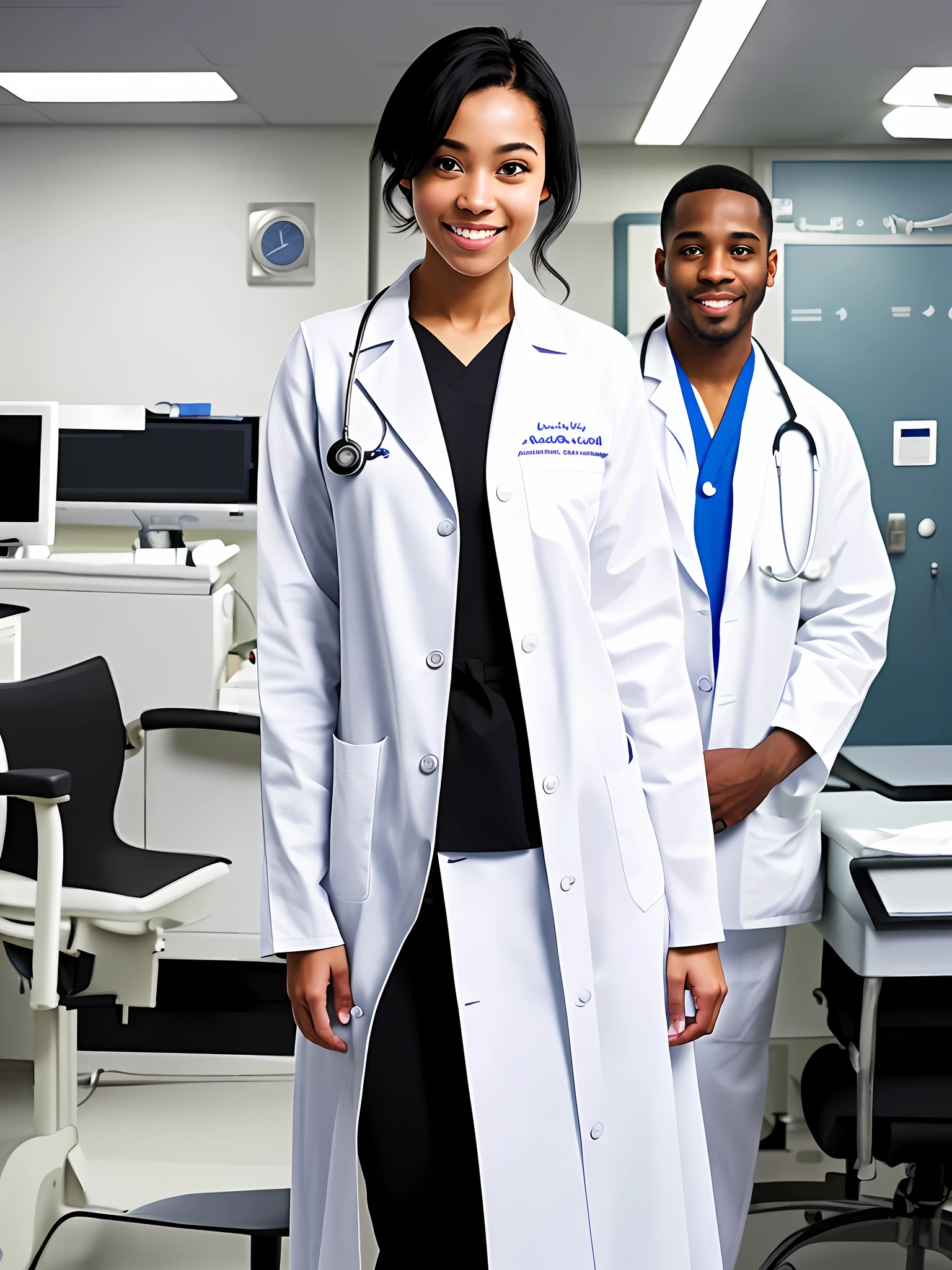 Waist length portrait of black hair white young woman, in clinic, in clinic, wearing white doctor coat, smiling, frontal, natural skin texture, black man in white doctor coat standing next to pose for photo