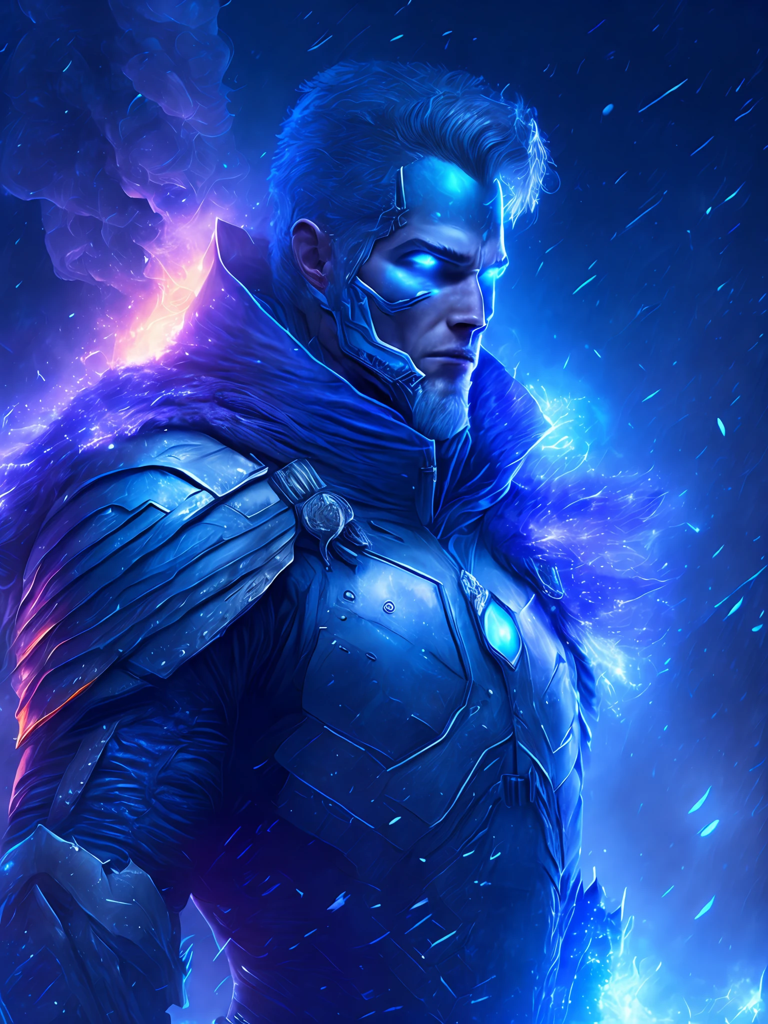 gloomy portrait of Captain Cold Horseman of the Apocalypse from DC, extremely detailed, futuristic cityscape, nighttime, glowing neon lights, smoke, sparks, metal shavings, flying debris, blue energy effects, volumetric light