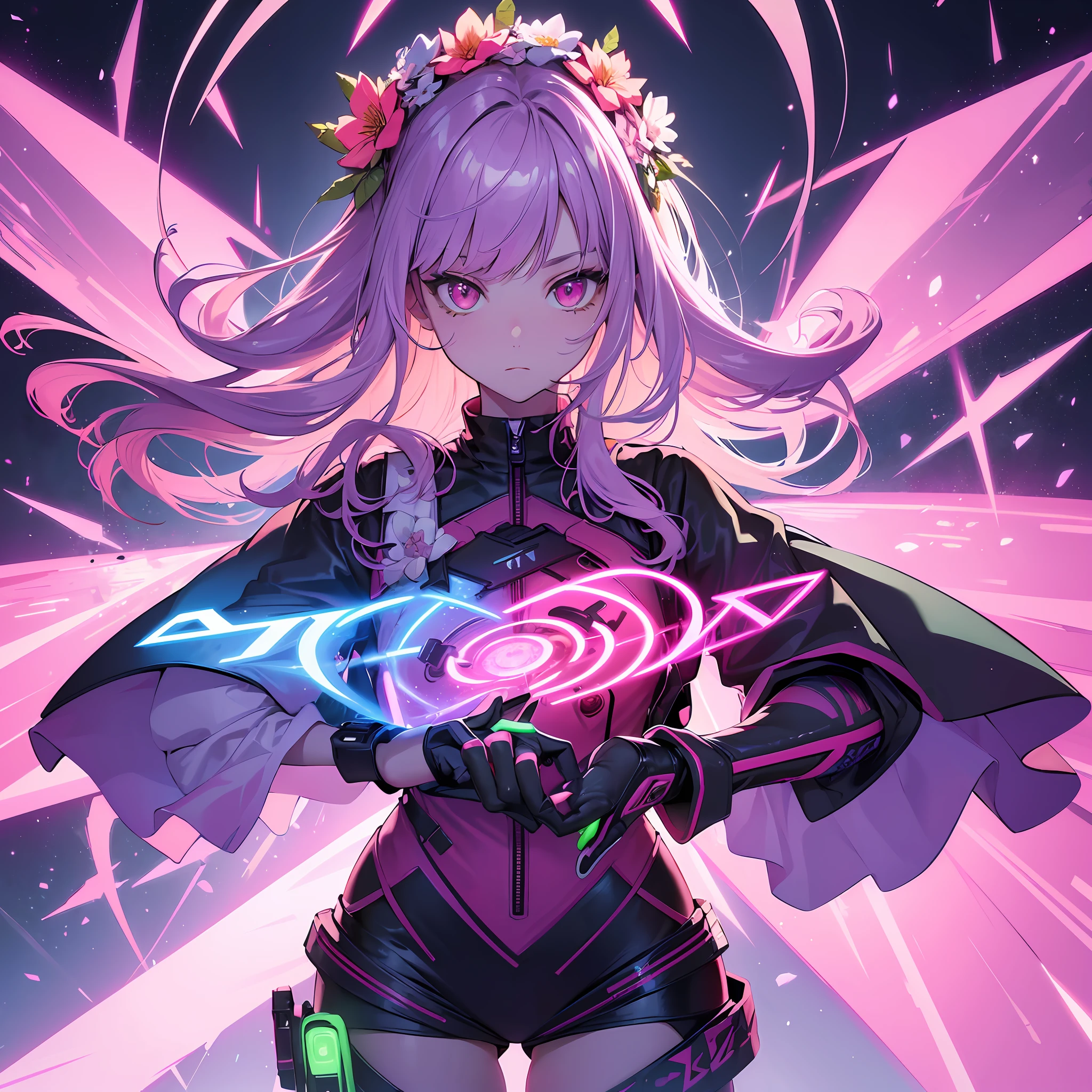 (ultra detailed background, detailed background), absurd, highres, ultra detailed, extremely detailed, 1girl, (bouquet of flowers: 1.3), (zentangle: 1.2), (geometric: 1.2), (colorful), (1girl), (sexy girl), alone, (((face and eyes detailed))),((pink eyes)),((long straight loose hair)),((light purple hair)),((extremely red coat)),((technological boots)),((fluorescent clothing, neon color)),((red sword)), 8k, high quality, full HD,