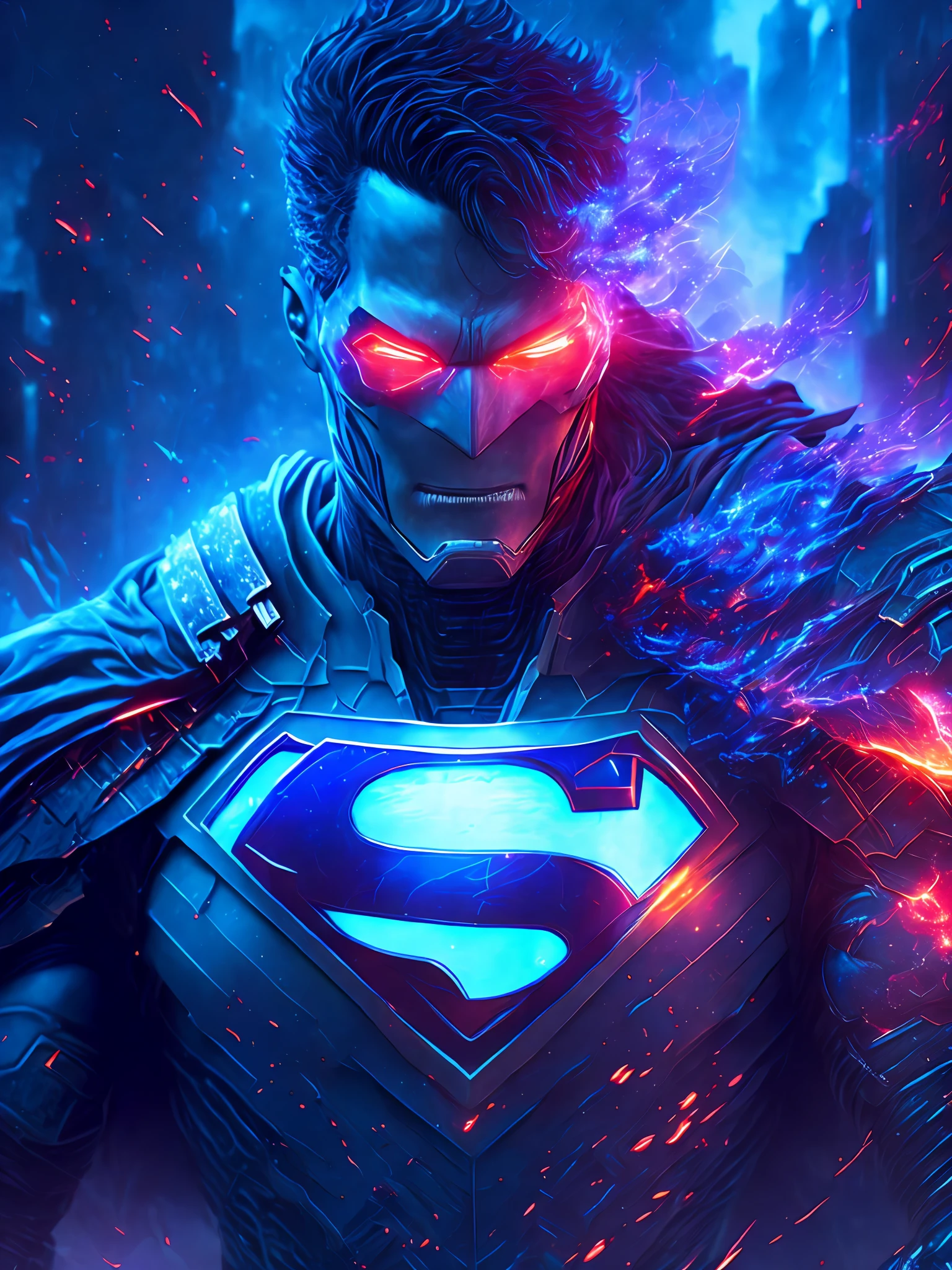 gloomy portrait of Cyborg Superman Horseman of the Apocalypse from DC, extremely detailed, futuristic cityscape, nighttime, glowing neon lights, smoke, sparks, metal shavings, flying debris, blue energy effects, volumetric light