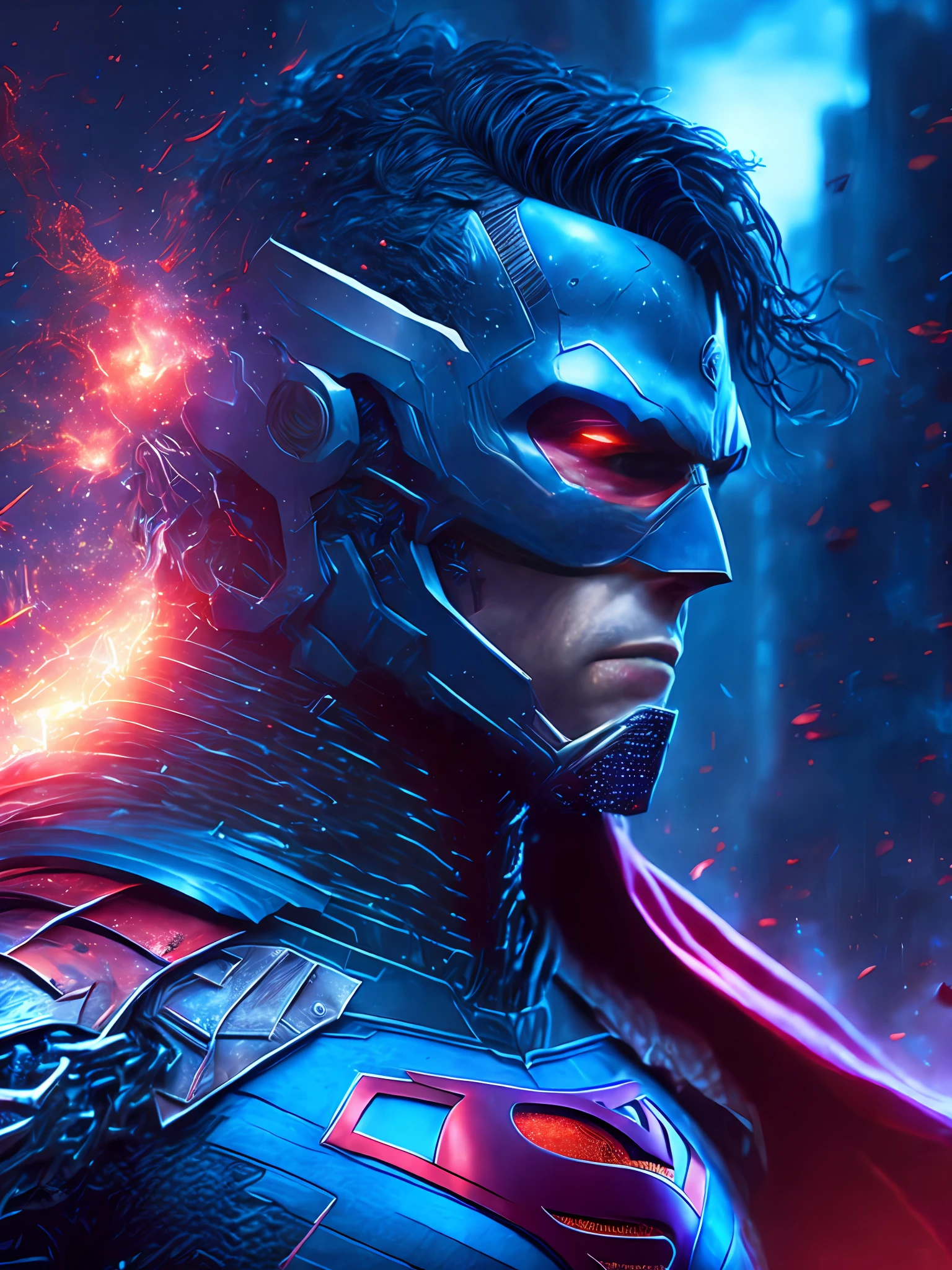 gloomy portrait of Cyborg Superman Horseman of the Apocalypse from DC, extremely detailed, futuristic cityscape, nighttime, glowing neon lights, smoke, sparks, metal shavings, flying debris, blue energy effects, volumetric light