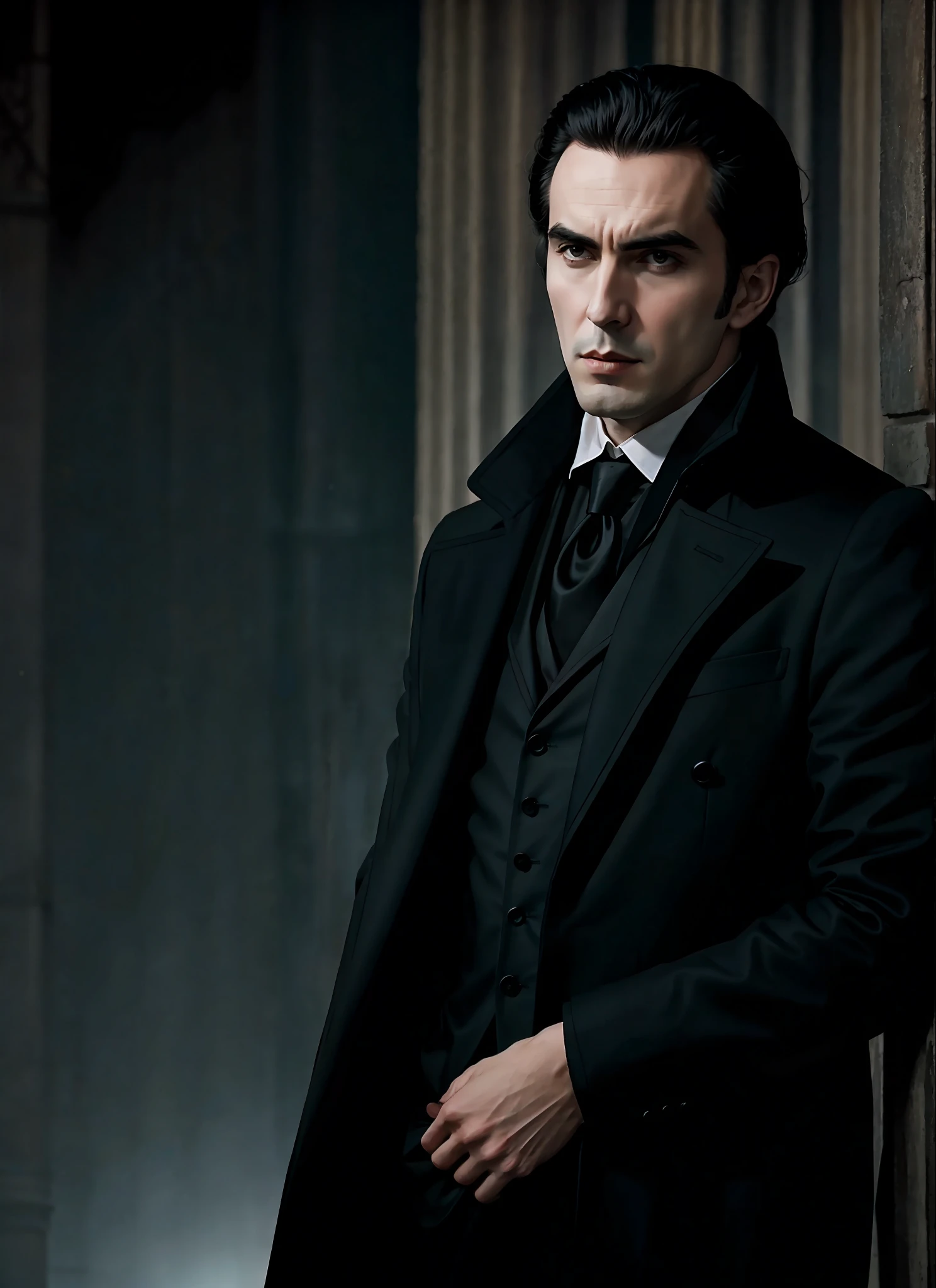 A handsome vampire resembling a young Christopher Lee in modern times with short dark hair combed back into a widow's peak and wearing a long black coat, modern nocturnal setting