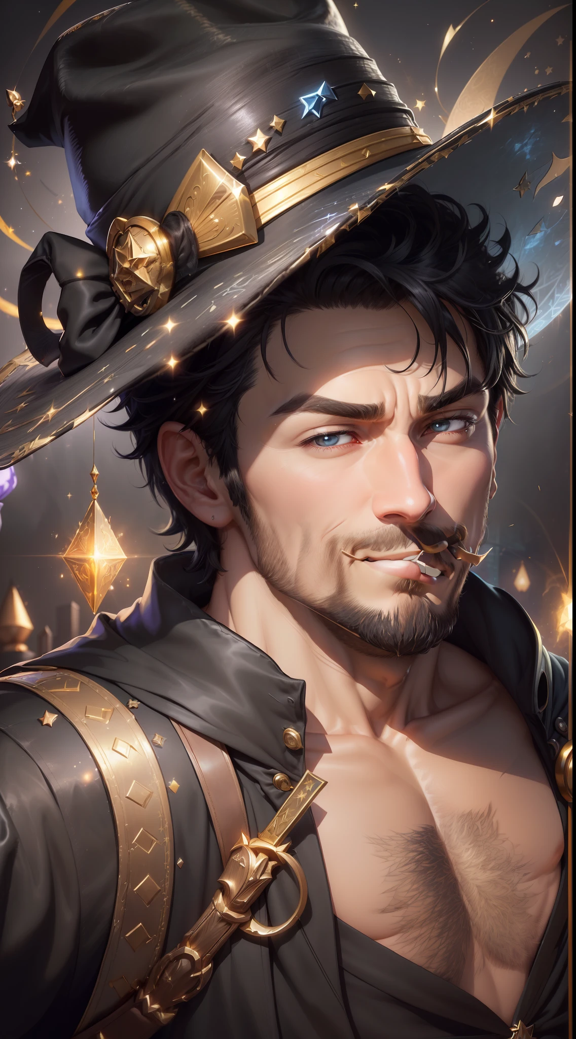 (a Wizard of the Attraction of riches, charismatic face, body seen from the front:1.6) (man, 25 years old, imposing face, square chin, very masculine affections:1.8) with background full of riches and gold, golden cinematic lights, 3d rendering, (incredible super powers of gold multiplication, holding a magic stone shining brightly:1.4), (with a wizard's hat, blinking his right eye, looking at the camera, pointing his index finger at the camera, mouth smiling a little open,  Midnight black clothes and hat, short black hair:1.7), detailed digital art, stylized 3d rendering, 3d rendered 8k character art, beautiful digital painting, (pixar style:1.7) super detailed rendering, mole under eye, smelling, glowing light, reflection light, motion lines, first-person view
