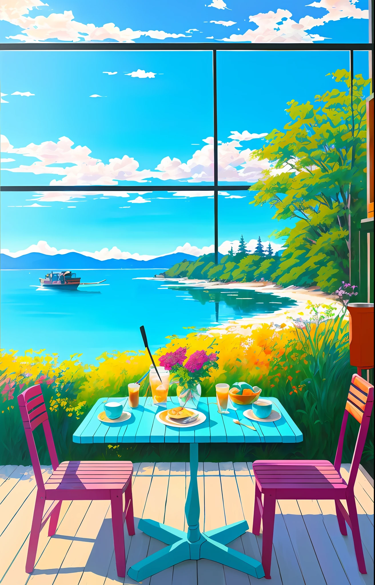 Realistic real life, beautiful breakfast table by the water, iced coffee, Laurie Grizzly style, Studio Ghibli, James Gilliard, trending PIXIV fan box, acrylic palette knife, 4K, (vivid colors), (bright color contrast), (high color contrast), Devinart, Makoto Shinkai composition