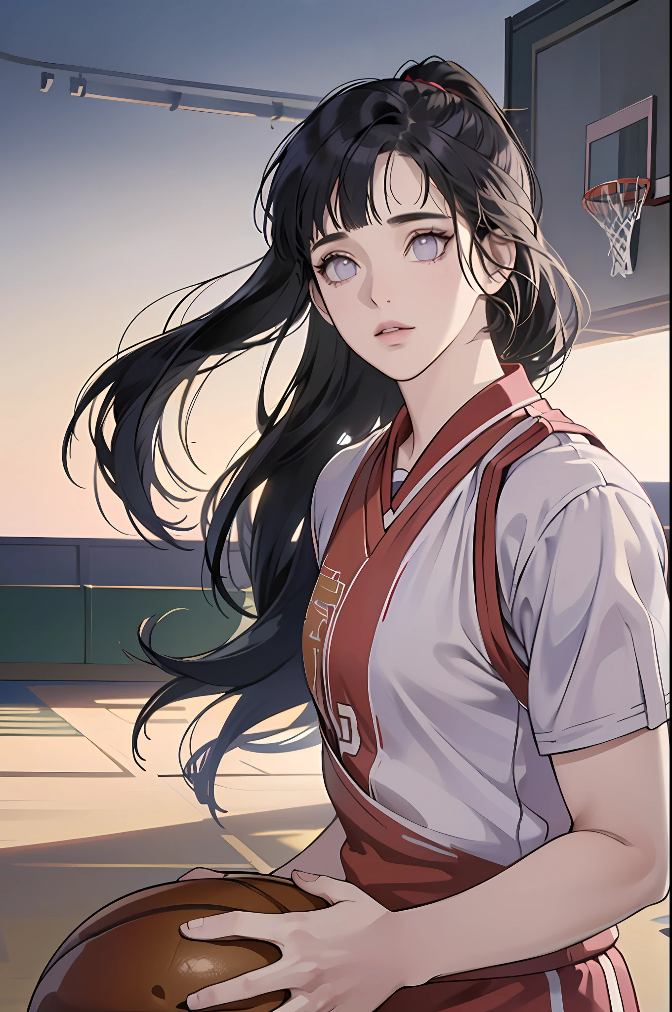 (8k, best quality, masterpiece:1.2), (realistic, photo-realistic:1.37), ultra-detailed,best quality, ultra high res, professional lighting, photon mapping, radiosity, physically-based rendering, cinematic lighting, ((basketball court)),depth of field, sharp focus,sunbeam, good composition,(bokeh:1.2) 1girl,solo,(full body), (closed mouth),beautiful detailed eyes, pose, narrow waist,(((basketball uniform))),messy hair,long hair floating in wind,(ulzzang-6500:1.2)
 mix4, hiqcgbody,  ((blunt bangs)), dark blue hair, purple eyes, ((ponytail)),  medium breast, (((1 girl)))