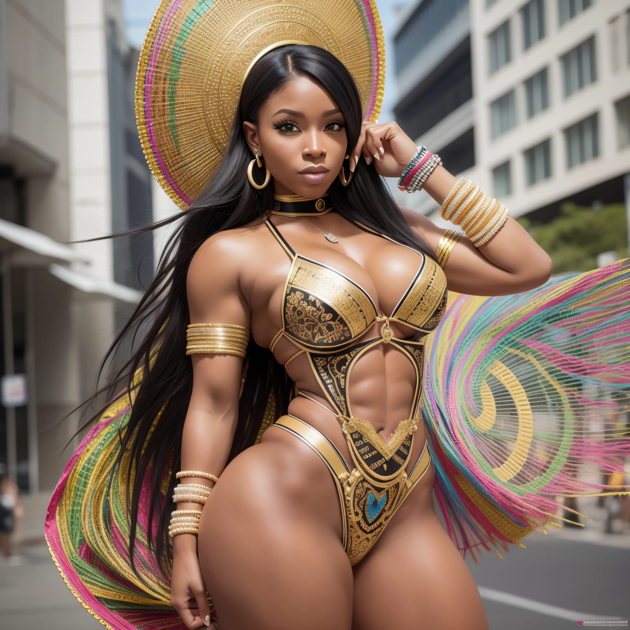 beautiful black woman in a Carnival drum queen costume, posing for a photo in Rio de Janeiro, fit physique, fit curvy physique, ifbb fitness body, fitness model, fit girl, fit body, sporty physique, looks like, full body!!!, malika favre, fit pic, strong body, perfect body, perfect pose, perfect symmetrical body, prefect body, realistic image, hyperrealism, cool colors