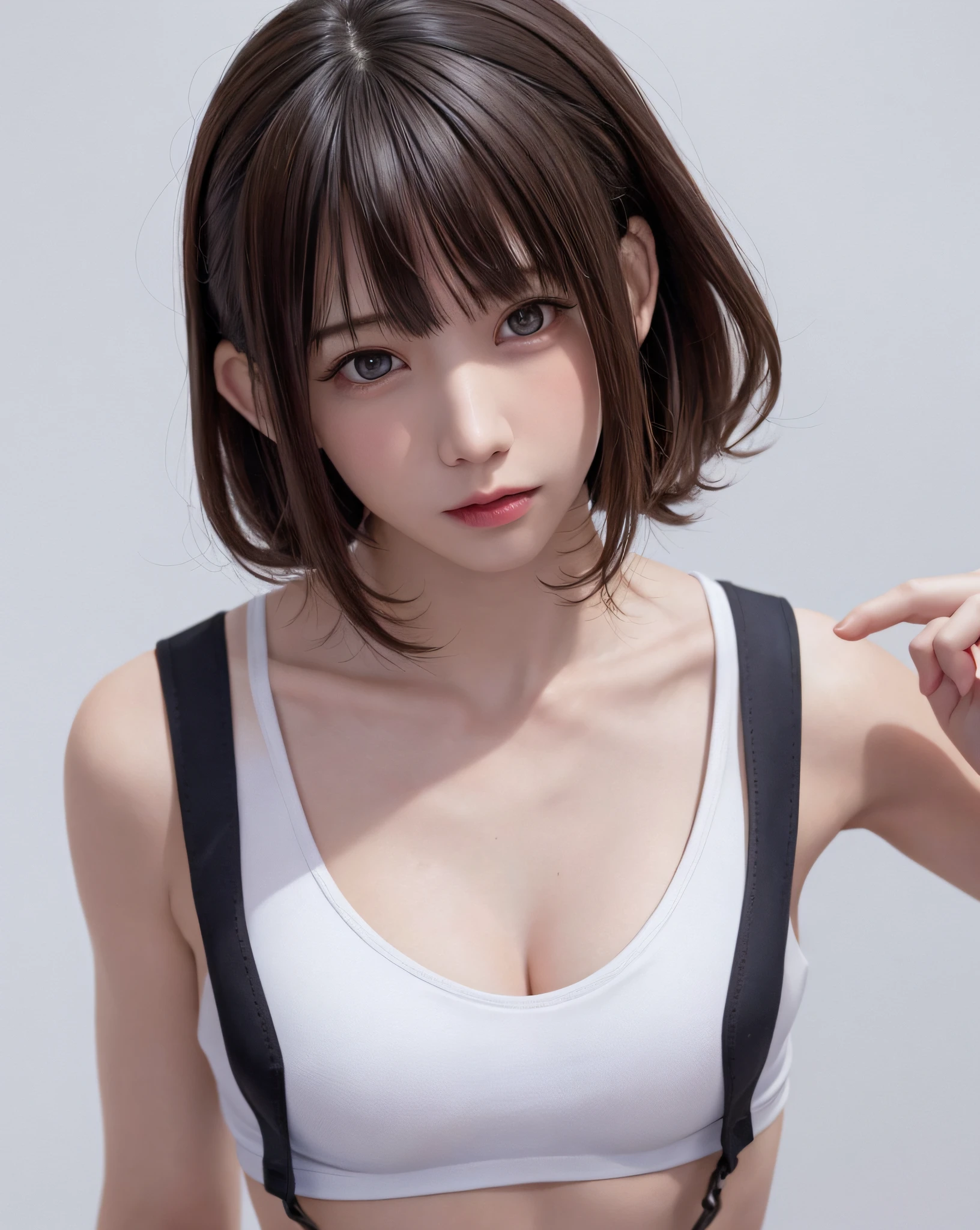 best quality, photorealistic, 8k, high res, 1girl, woman, (skindentation), (portrait:0.6), gorgeous, ((whitebackground, sport tanktop, small breast:1.72)), ((short straight hair, parted bangs:1.7)), looking at viewer,  (1girl eyes looking at viewer:1.6), photorealistic, (bokeh), (smile, closed mouth:1.3), gorgeous,  pureerosface_v1:1,