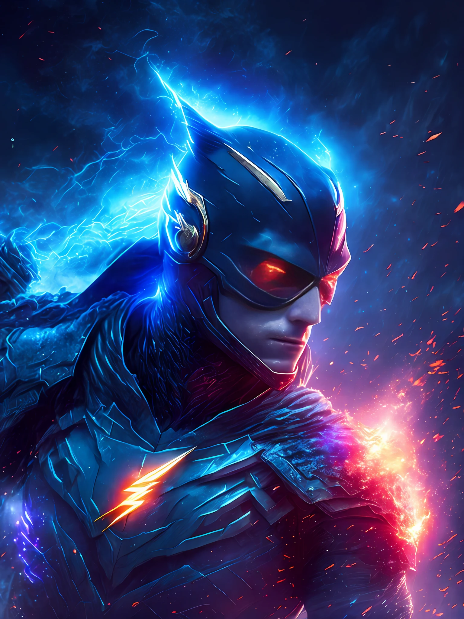 gloomy portrait of Flash Horseman of the Apocalypse from DC, extremely detailed, futuristic cityscape, nighttime, glowing neon lights, smoke, sparks, metal shavings, flying debris, blue energy effects, volumetric light