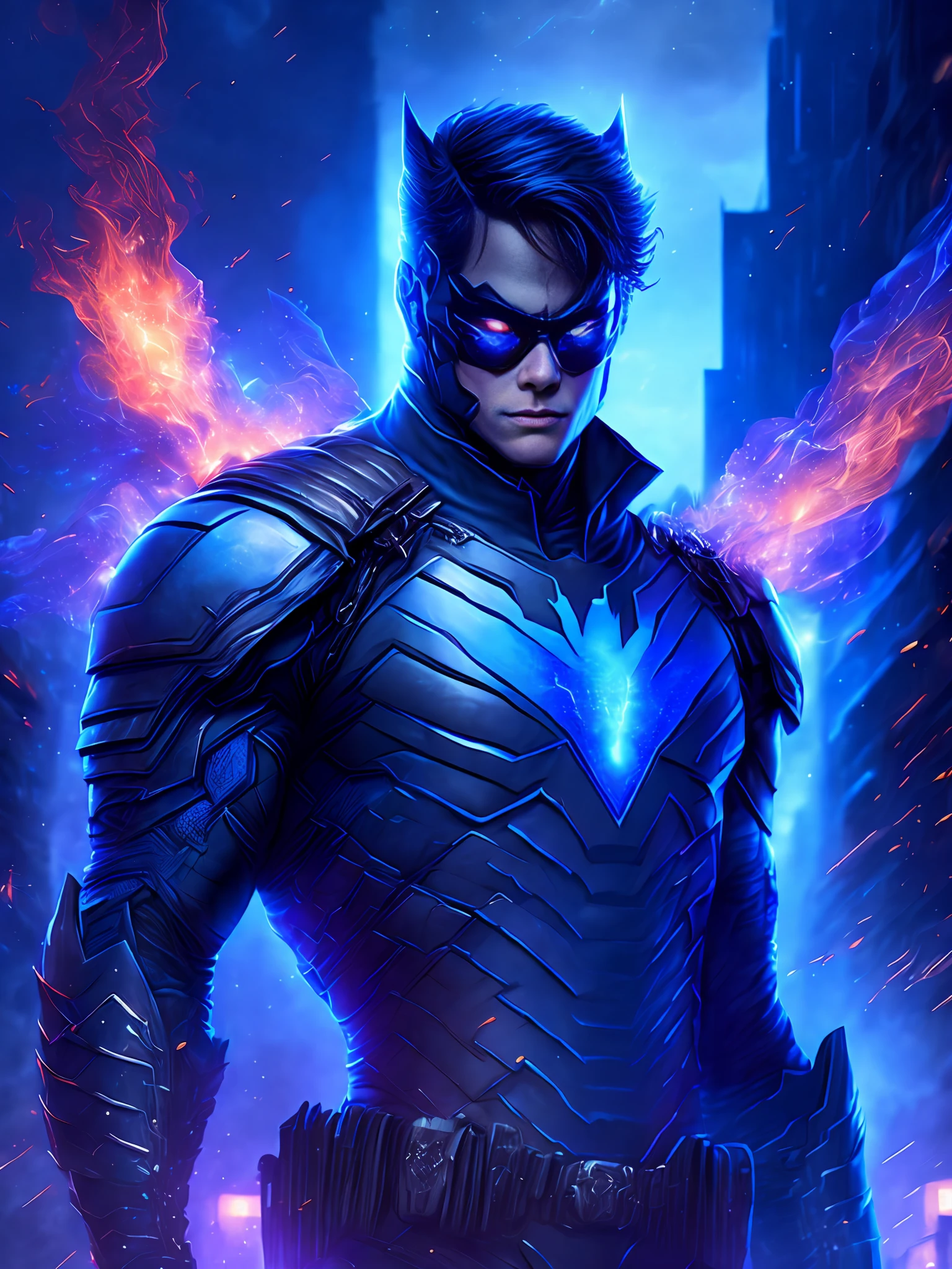 gloomy portrait of Nightwing Horseman of the Apocalypse from DC, extremely detailed, futuristic cityscape, nighttime, glowing neon lights, smoke, sparks, metal shavings, flying debris, blue energy effects, volumetric light