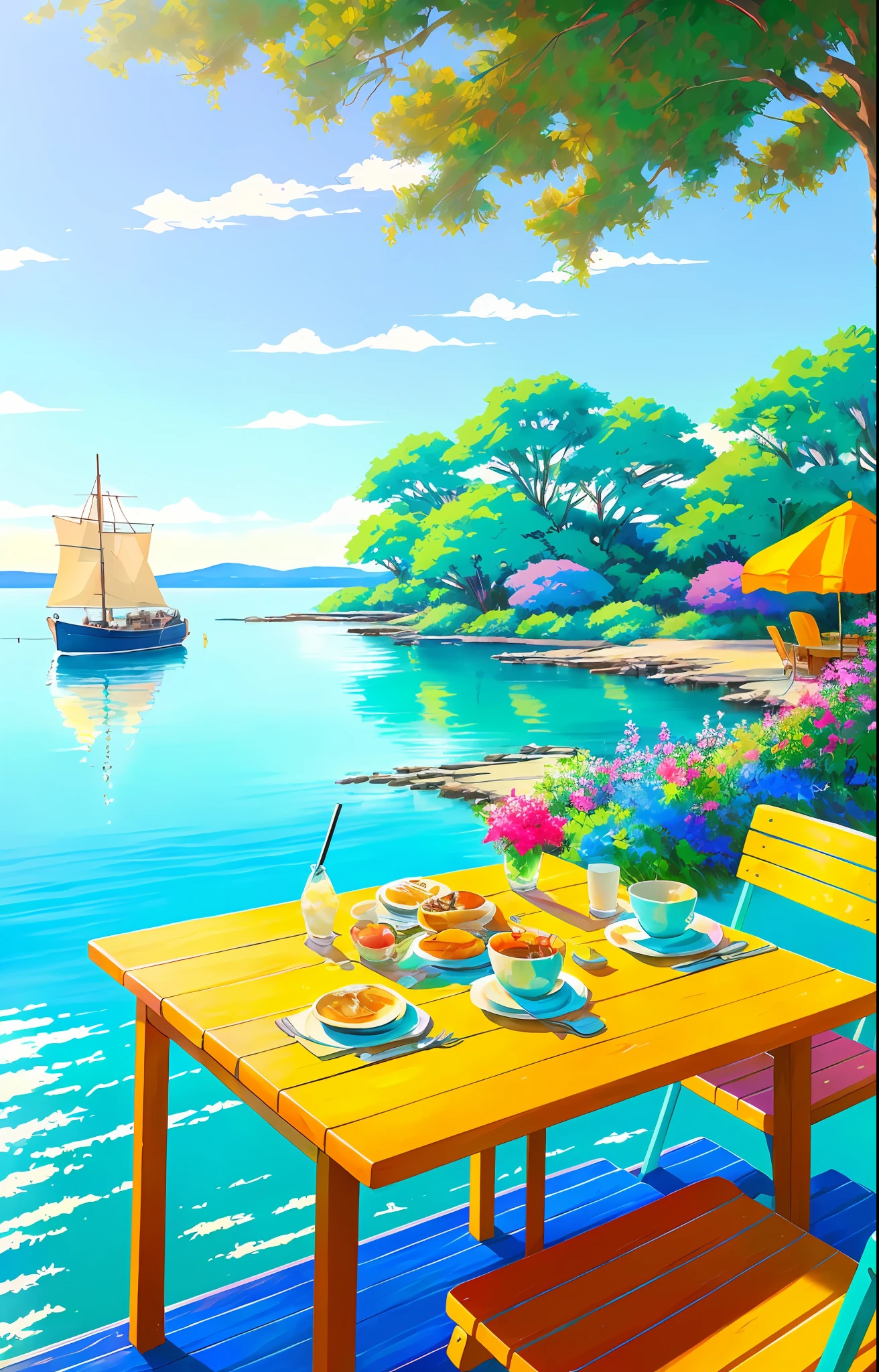 Realistic real life, beautiful breakfast table by the water, iced coffee, Laurie Grizzly style, Studio Ghibli, James Gilliard, trending PIXIV fan box, acrylic palette knife, 4K, (vivid colors), (bright color contrast), (high color contrast), Devinart, Makoto Shinkai composition