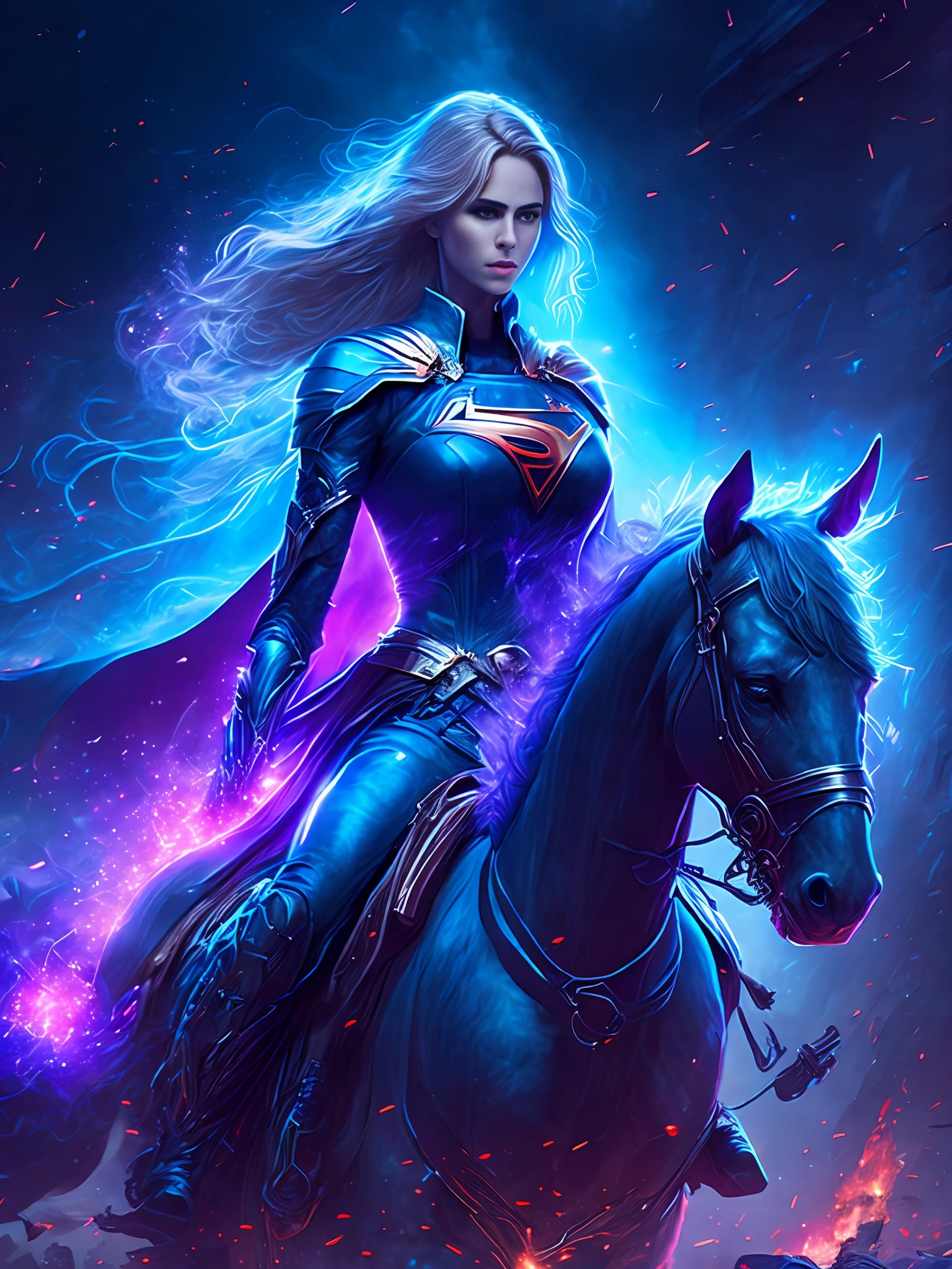 gloomy portrait of Supergirl Horseman of the Apocalypse from DC, extremely detailed, futuristic cityscape, nighttime, glowing neon lights, smoke, sparks, metal shavings, flying debris, blue energy effects, volumetric light