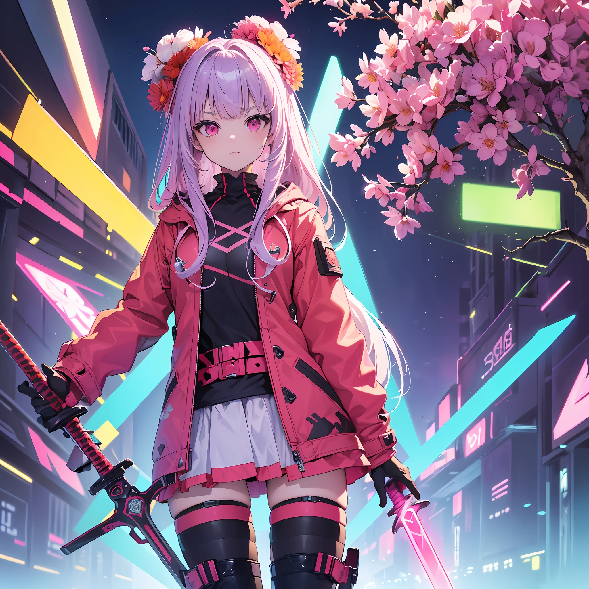 (ultra detailed background, detailed background), absurd, highres, ultra detailed, extremely detailed, 1girl, (bouquet of flowers: 1.3), (zentangle: 1.2), (geometric: 1.2), (colorful), (1girl), (sexy girl), alone, (((face and eyes detailed))),((pink eyes)),((long straight loose hair)),((light purple hair)),((extremely red coat)),((technological boots)),((fluorescent clothing, neon color)),((red sword)), 8k, high quality, full HD,