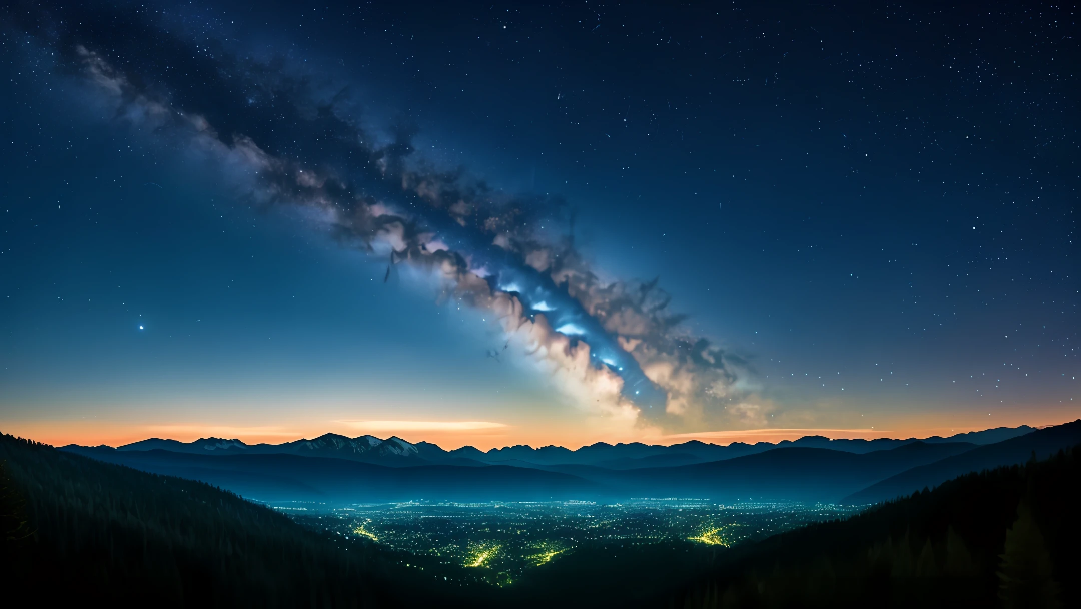 This wallpaper features a breathtaking starry night sky. The scene depicts a stunning landscape with a combination of twinkling stars and a bright moon in the center. The stars form vivid constellations, which seem to dance across the dark sky. The moon, with its soft golden hue, gently illuminates the landscape below.
On the horizon, you can see majestic mountains, covered by a dense forest. The trees display different shades of green, creating a charming contrast to the night sky. The silhouette of the mountains is precisely cut out against the brightness of the stars, providing a sense of depth and mystery.