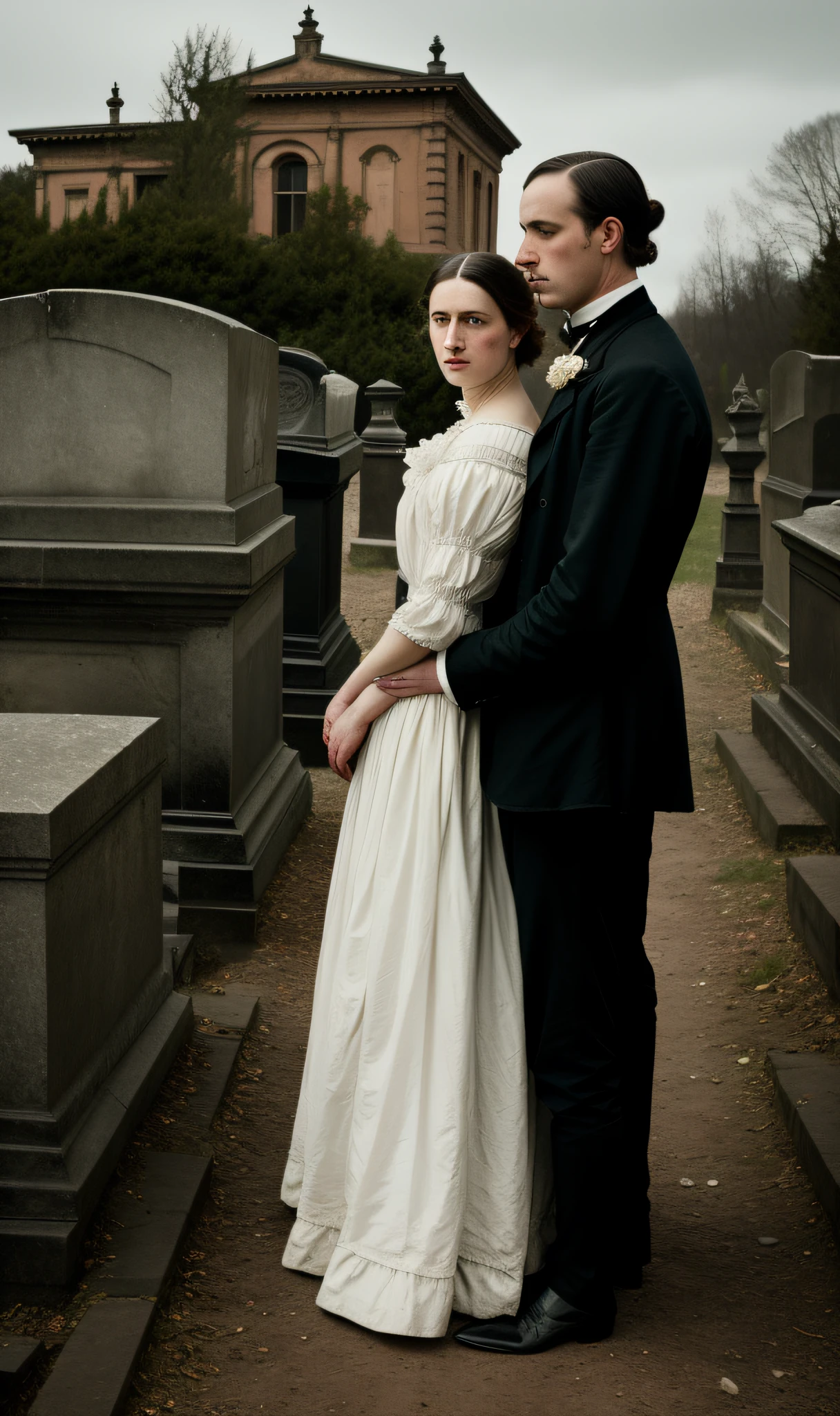 morbid color photo of the nineteenth century in the Victorian era of a male couple with woman in a necropolis, neat and elegant, sad faces, half body, body, highly detailed backdrop, skin pores, funereal environment, night, , 8k uhd, Dslr, penumbra lighting, high quality, film grain, Fujifilm XT3