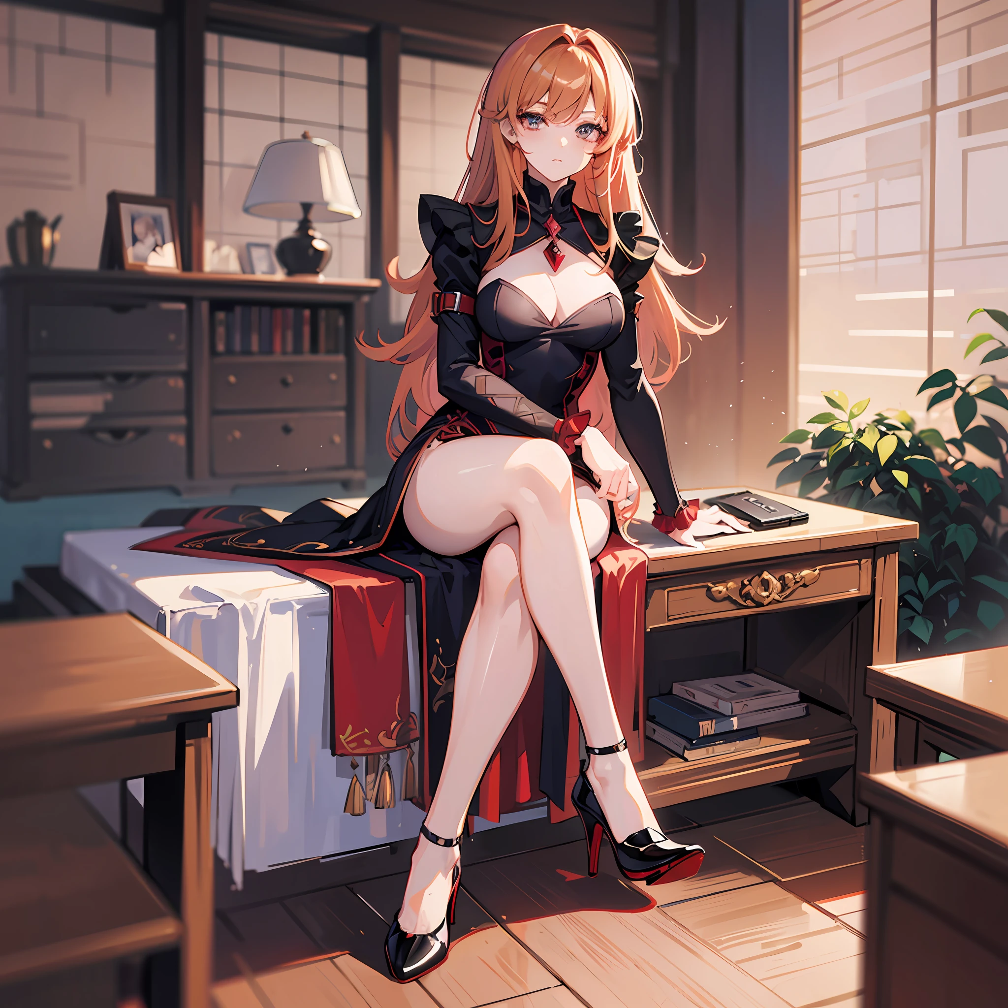 Beautiful red blonde woman dress with black, beautiful<, game, anime,adult,dress, queen, hentai style, anime, leg, high heels,strong woman, independent woman, low camera, sitting, looking at camera, anime style, drawing, sitting closed leg, camera down --auto --s2
