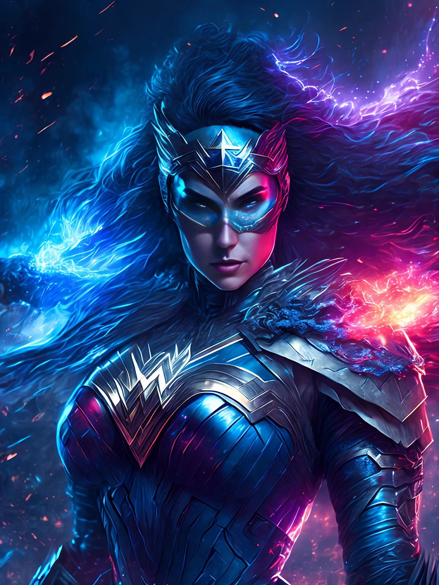 gloomy portrait of Wonder Woman Horseman of the Apocalypse from DC, extremely detailed, futuristic cityscape, nighttime, glowing neon lights, smoke, sparks, metal shavings, flying debris, blue energy effects, volumetric light