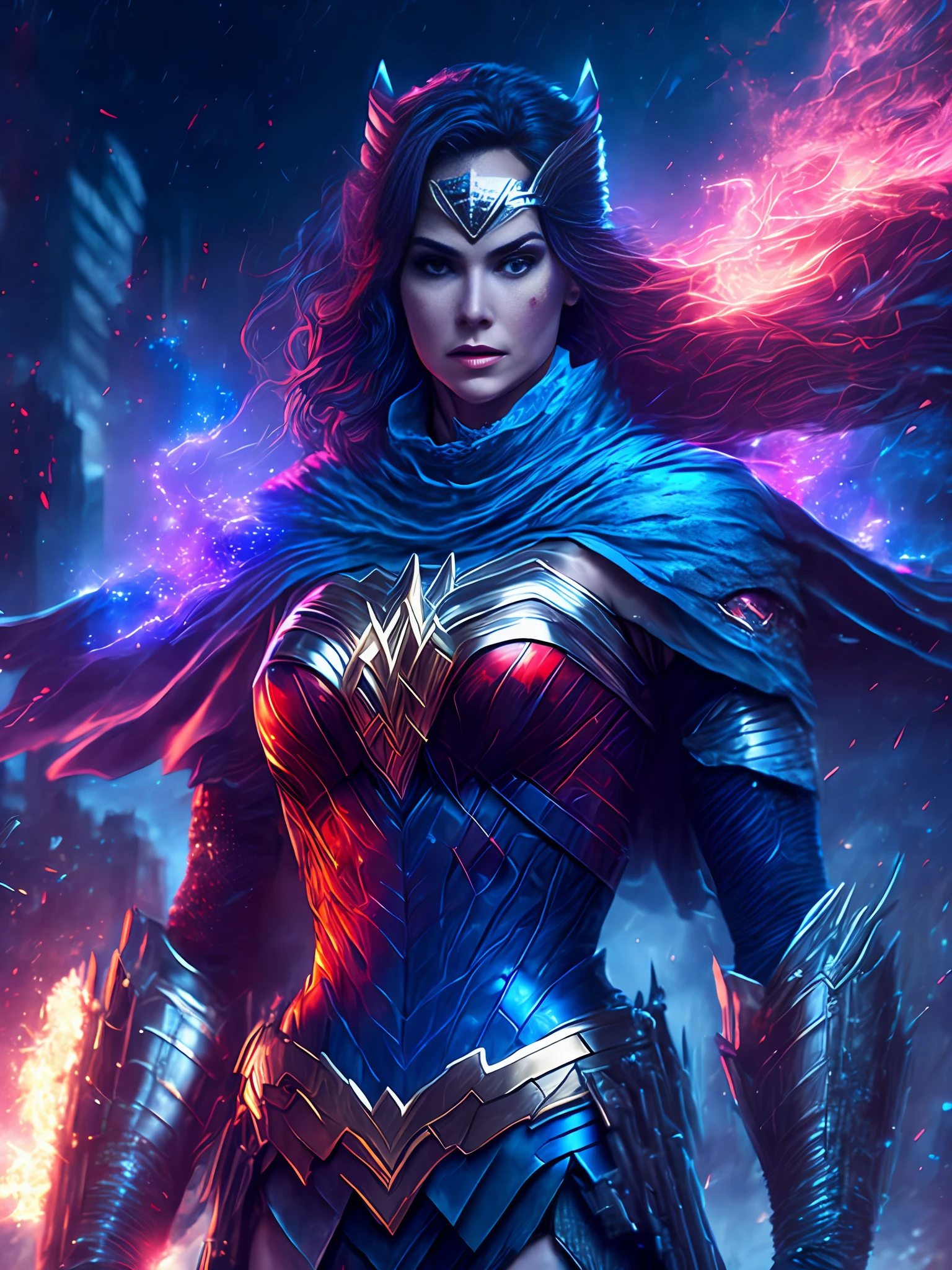 gloomy portrait of Wonder Woman Horseman of the Apocalypse from DC, extremely detailed, futuristic cityscape, nighttime, glowing neon lights, smoke, sparks, metal shavings, flying debris, blue energy effects, volumetric light