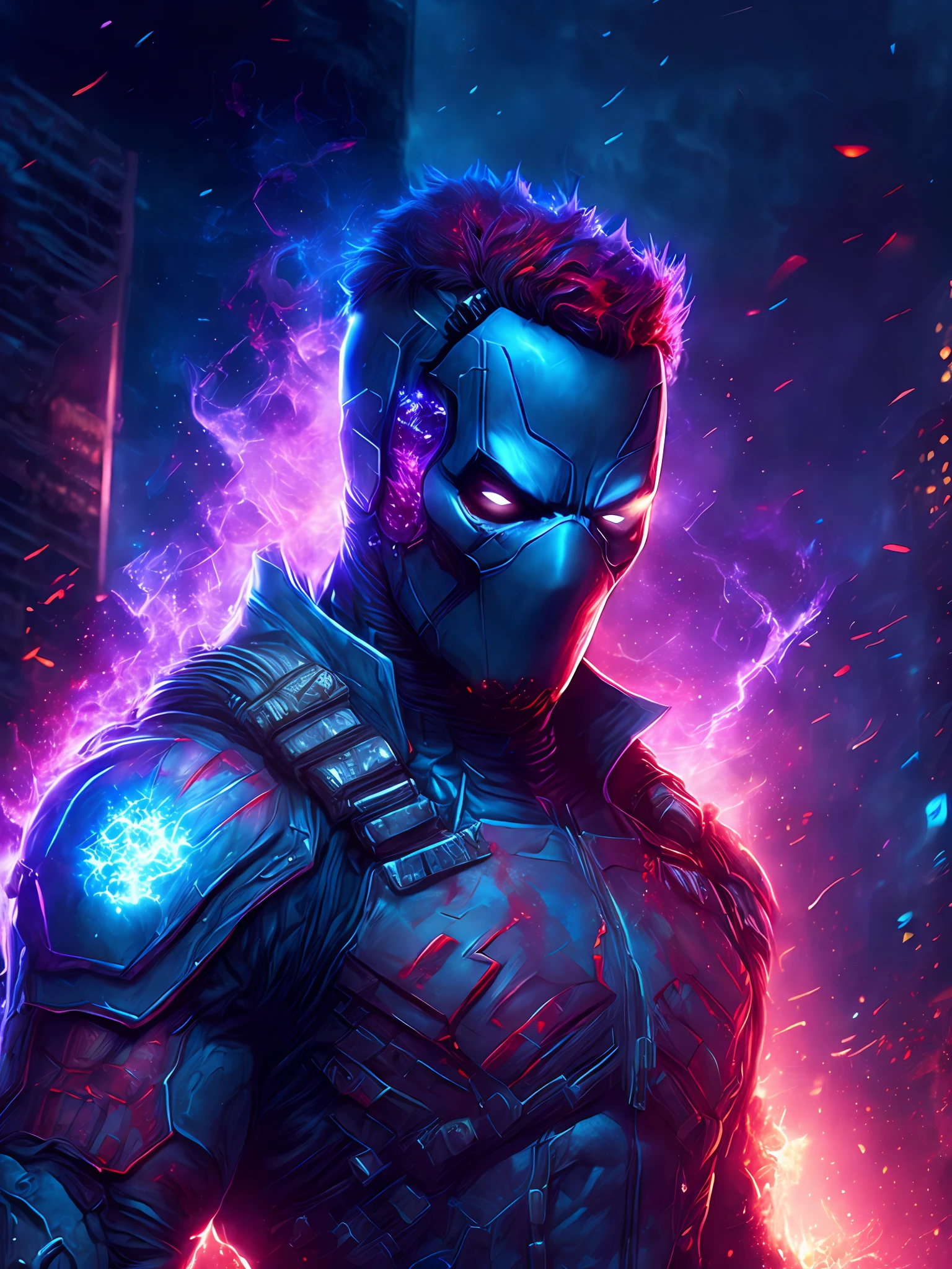 gloomy portrait of Zombie Deadpool from Marvel, extremely detailed, futuristic cityscape, nighttime, glowing neon lights, smoke, sparks, metal shavings, flying debris, blue energy effects, volumetric light