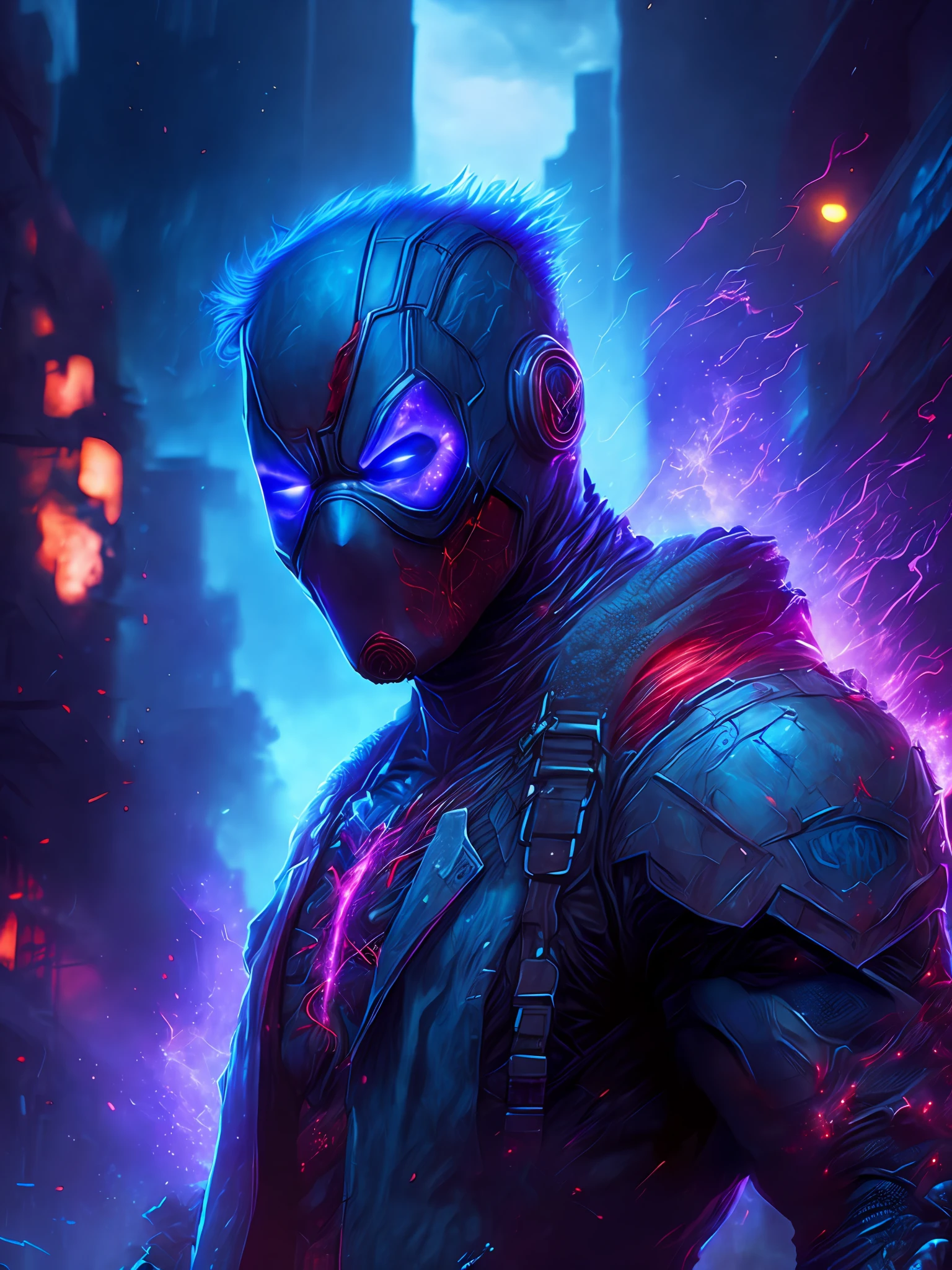 gloomy portrait of Zombie Deadpool from Marvel, extremely detailed, futuristic cityscape, nighttime, glowing neon lights, smoke, sparks, metal shavings, flying debris, blue energy effects, volumetric light