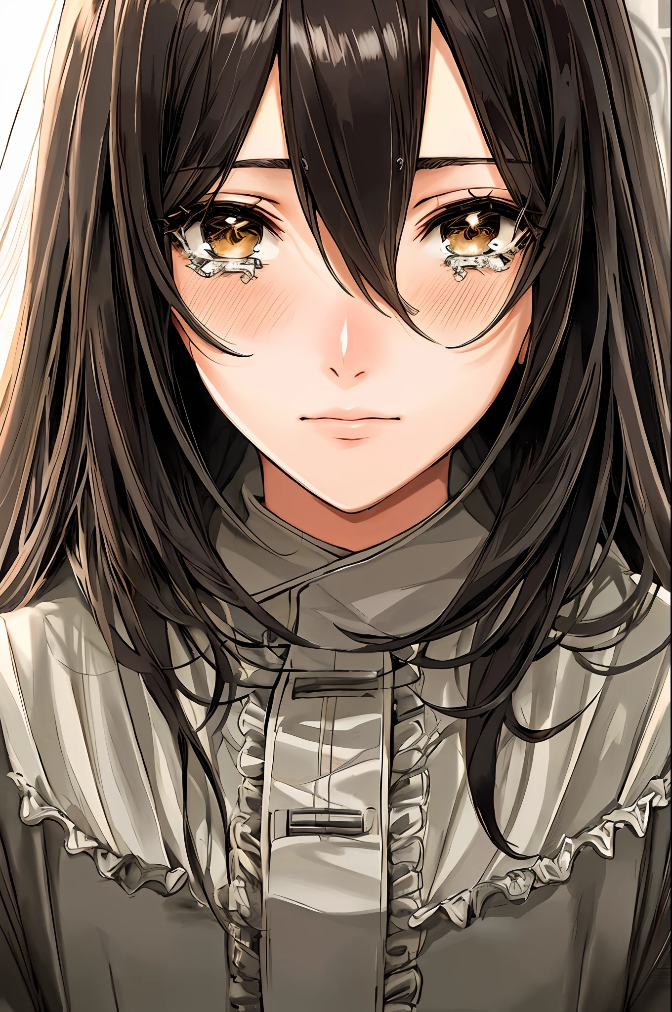 ((best quality)), ((highly detailed)), masterpiece, ((official art)), detailed face, beautiful face, (mad), crying, sad, blushing, (1girl),  mikasa