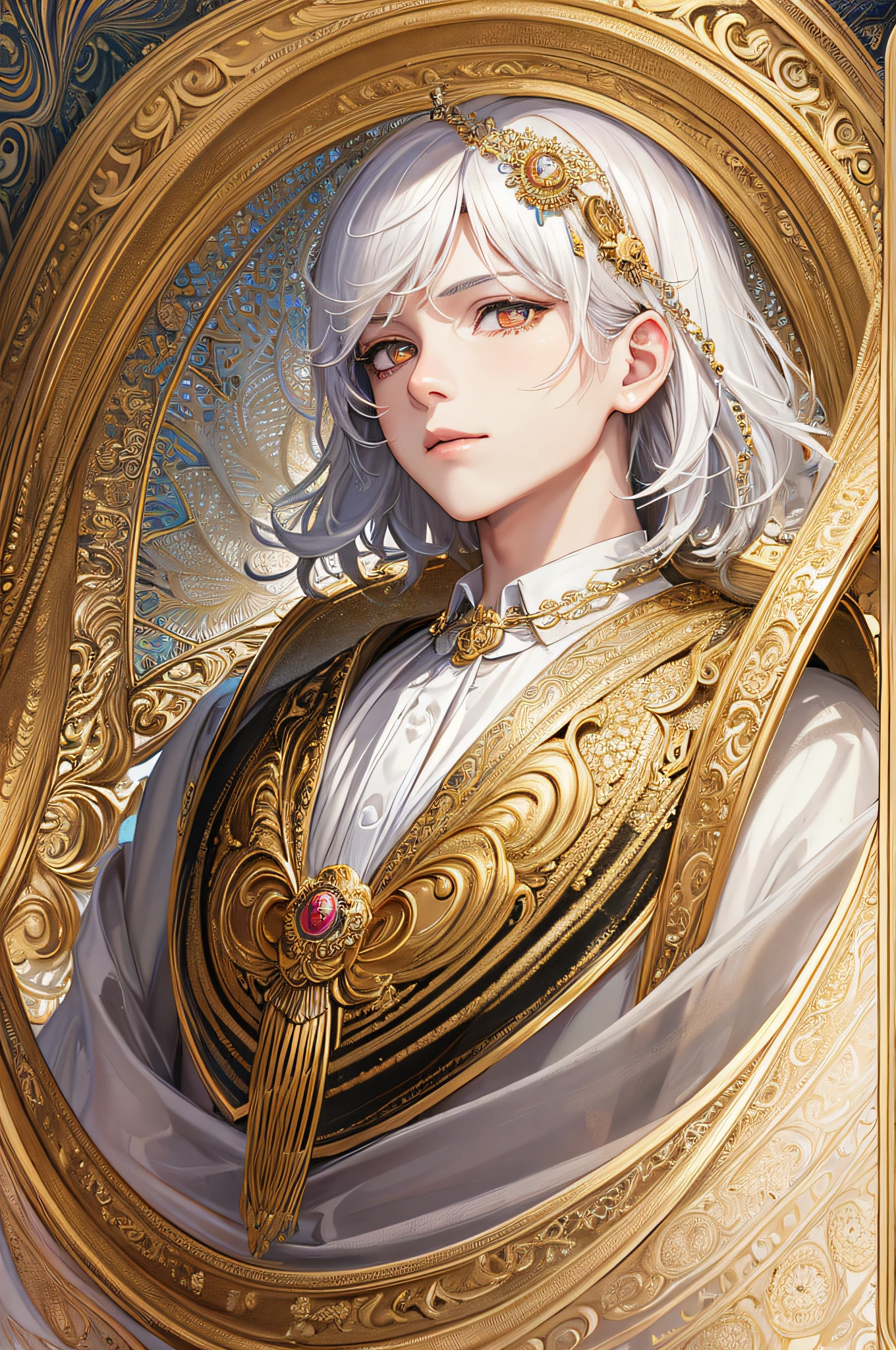 (masterpiece, superior quality, best quality, official art, beautiful and aesthetic: 1.2), (1boy:1.3, white hair, golden eyes), extremely detailed,(fractal art:1.3), colorful, more detailed. (size: A4)
