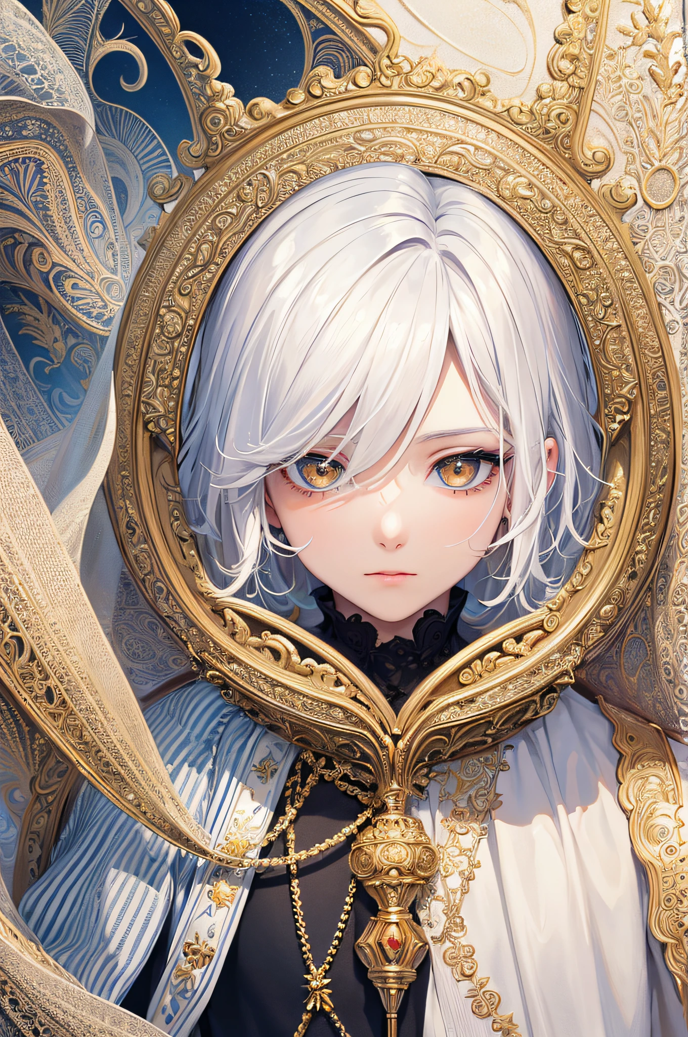 (masterpiece, superior quality, best quality, official art, beautiful and aesthetic: 1.2), (1boy:1.3, white hair, golden eyes), extremely detailed,(fractal art:1.3), colorful, more detailed. (size: A4)