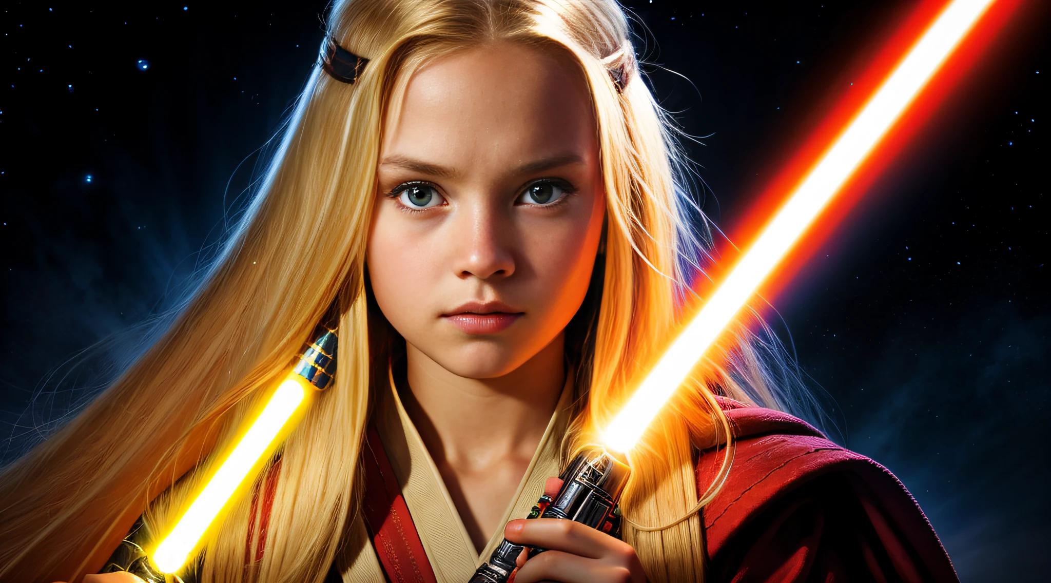10 year old girl, blonde straight hair very long, PORTRAIT STYLE, CLOSE UP, is with a lightsaber in hand, Jedi with lightsaber, a Christian Jedi, Cal Kestis Lightsaber wallpaper, with lightsaber sword, with lightsaber, in a Star Wars sequel, Jedi Master, as a Sith Lord.