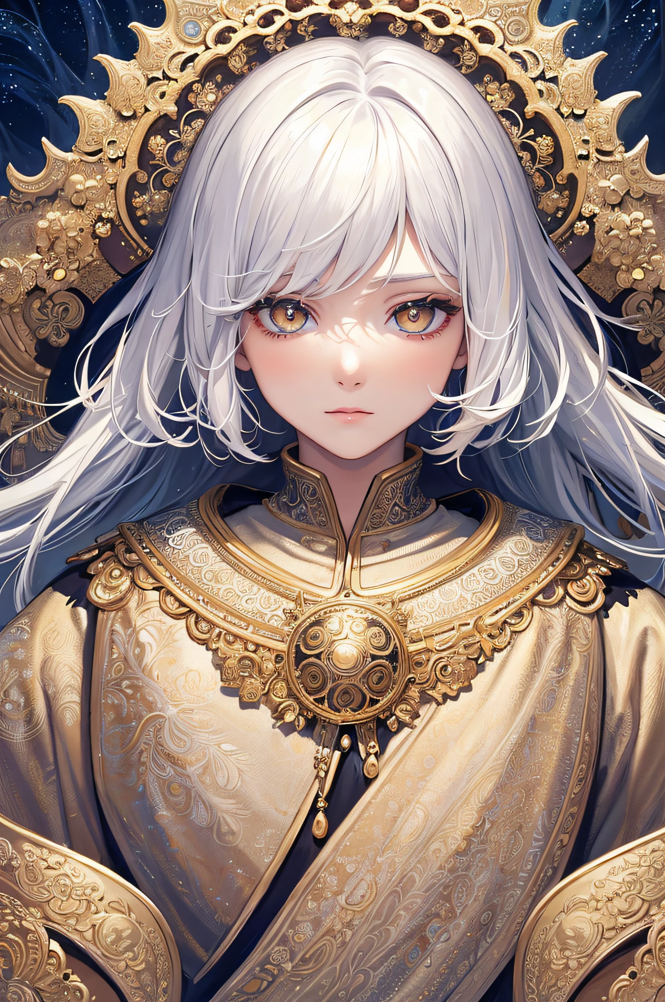 (masterpiece, superior quality, best quality, official art, beautiful and aesthetic: 1.2), (1boy:1.3, white hair, golden eyes), extremely detailed,(fractal art:1.3), colorful, more detailed. (size: A4)