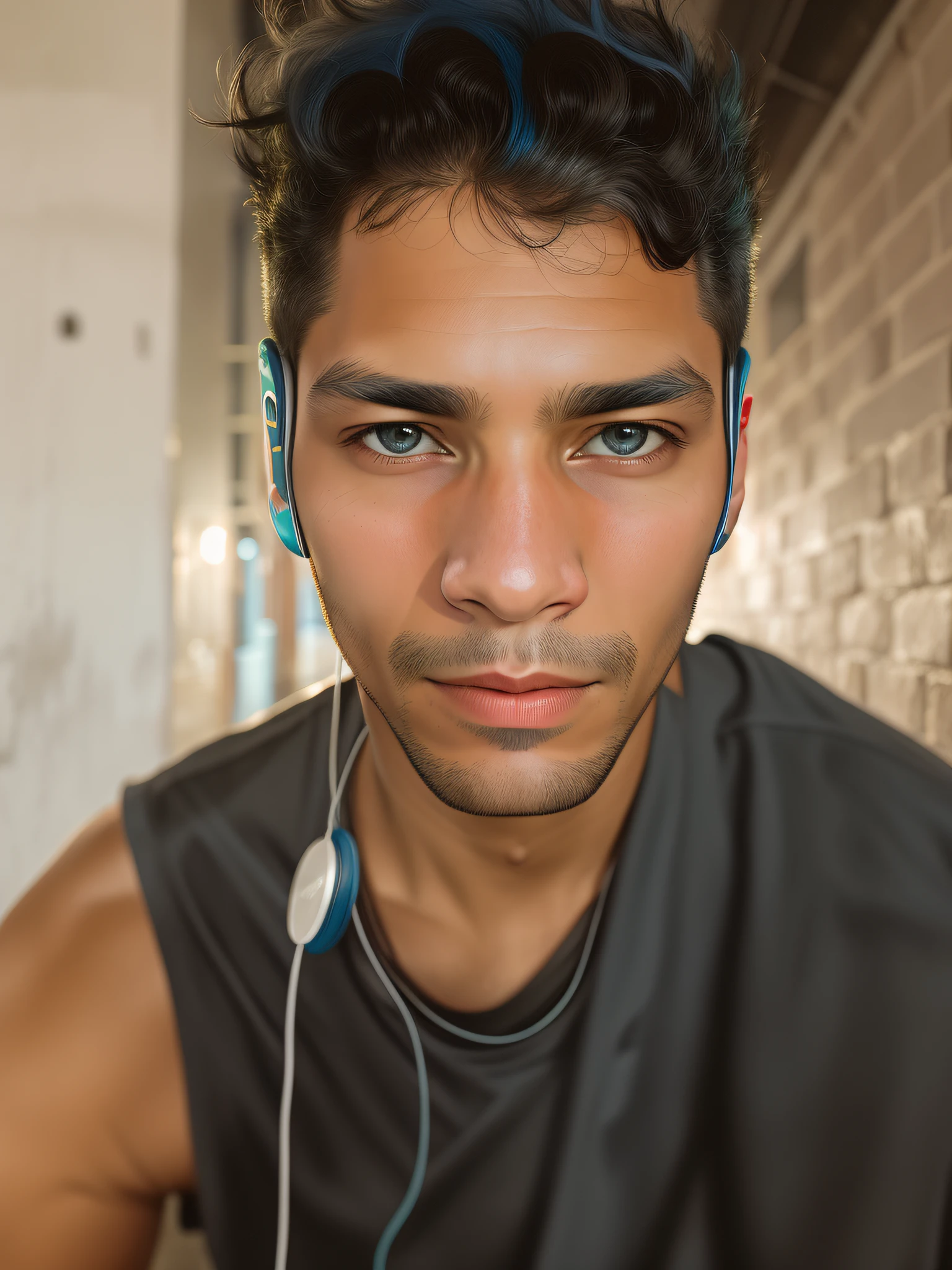 There's a man with headphones and a black shirt, 18 years old, blue hair