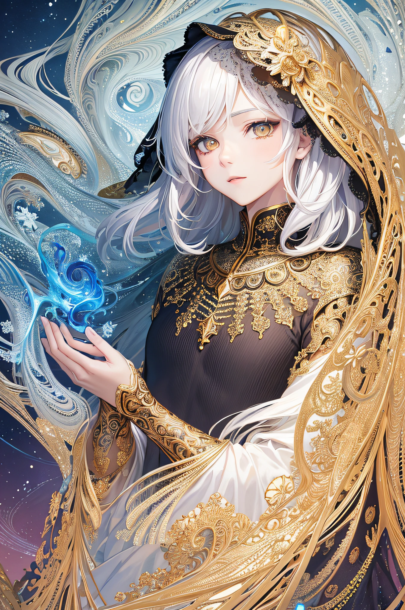 (masterpiece, superior quality, best quality, official art, beautiful and aesthetic: 1.2), (1boy:1.3, white hair, golden eyes), extremely detailed,(fractal art:1.3), colorful, more detailed. (size: A4)
