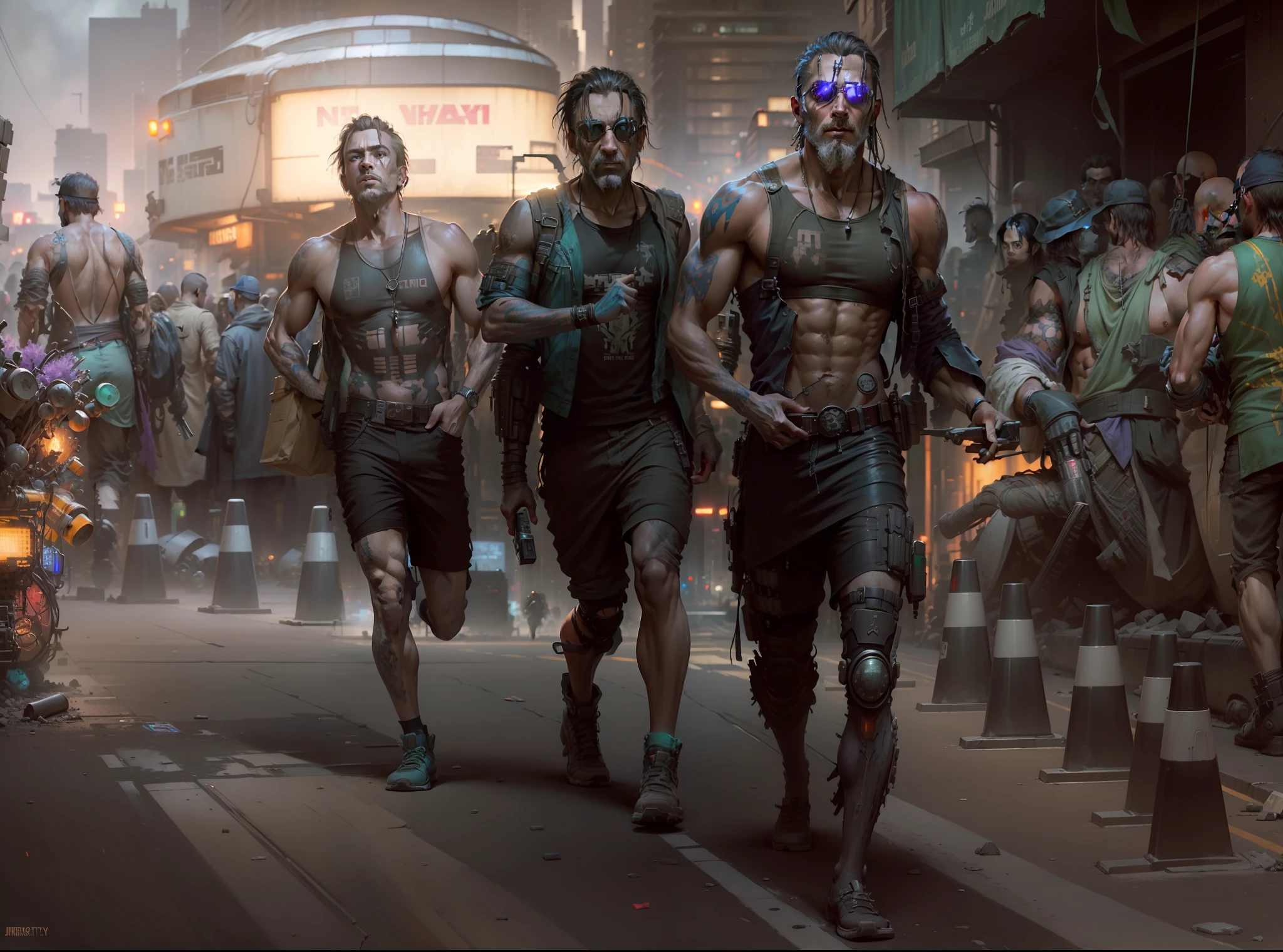 (masterpiece) highly detailed RAW, a post-apocalyptic man, cyberpunk city themed rainbow vivid, hassanfantasy style, by Jeremy Mann and Donato Giancola ultra realistic highly detailed intricate photorealistic