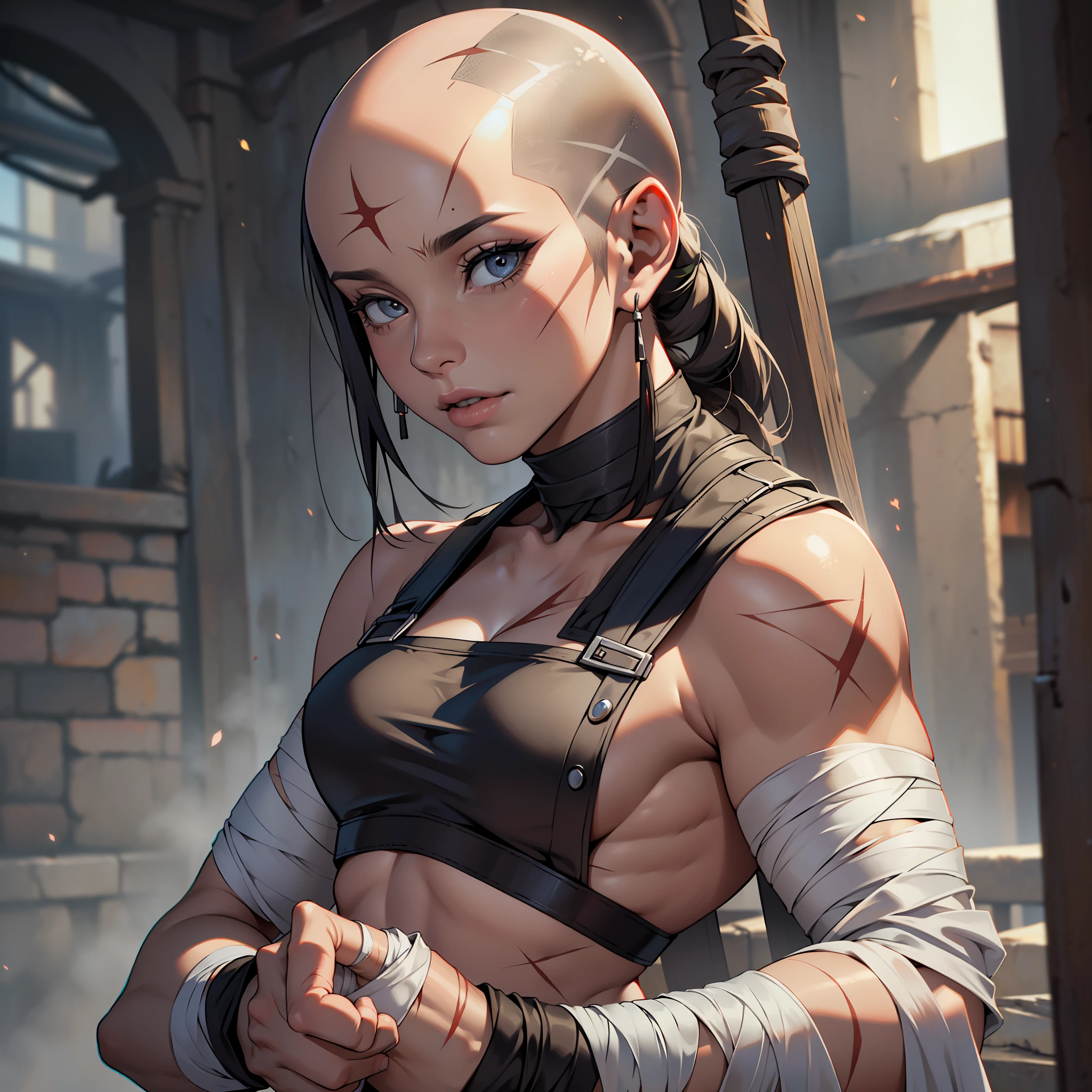 ((realista: 1.5)),((melhor qualidade)), ((obra-prima)),((detalhado)), Woman, very ugly, bald, muscular, warrior clothes, scars on her body, bandages on her hands.