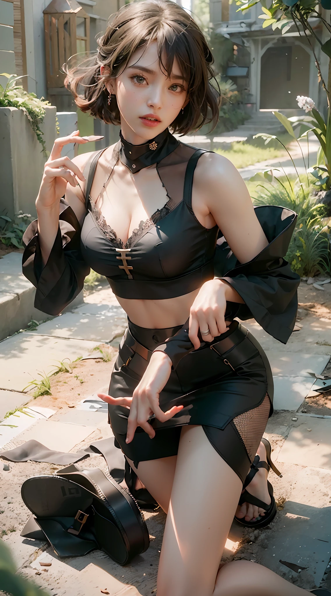 (Best Quality), ((Masterpiece)), (Details: 1.4 pieces), 3D, Beautiful Pure Beauty, (Black Crop Top: 1.9), (Sandals: 1.6), (Kneeling: 1.6) HDR (High Dynamic Range), Ray Tracing, NVIDIA RTX, Super Resolution, Unreal 5 Pieces, Subsurface Scattering, PBR Texture, Post Processing, Anisotropic Filtering, Depth of Field, Maximum Sharpness and Sharpness, Multi-layer Textures, Albedo and Highlight Maps, Surface Coloring, Mitsu - Accurate simulation of material interactions, perfect proportional ratio, octane rendering, two-color light, large aperture, low ISO, white balance, rule of thirds, 8K RAW,