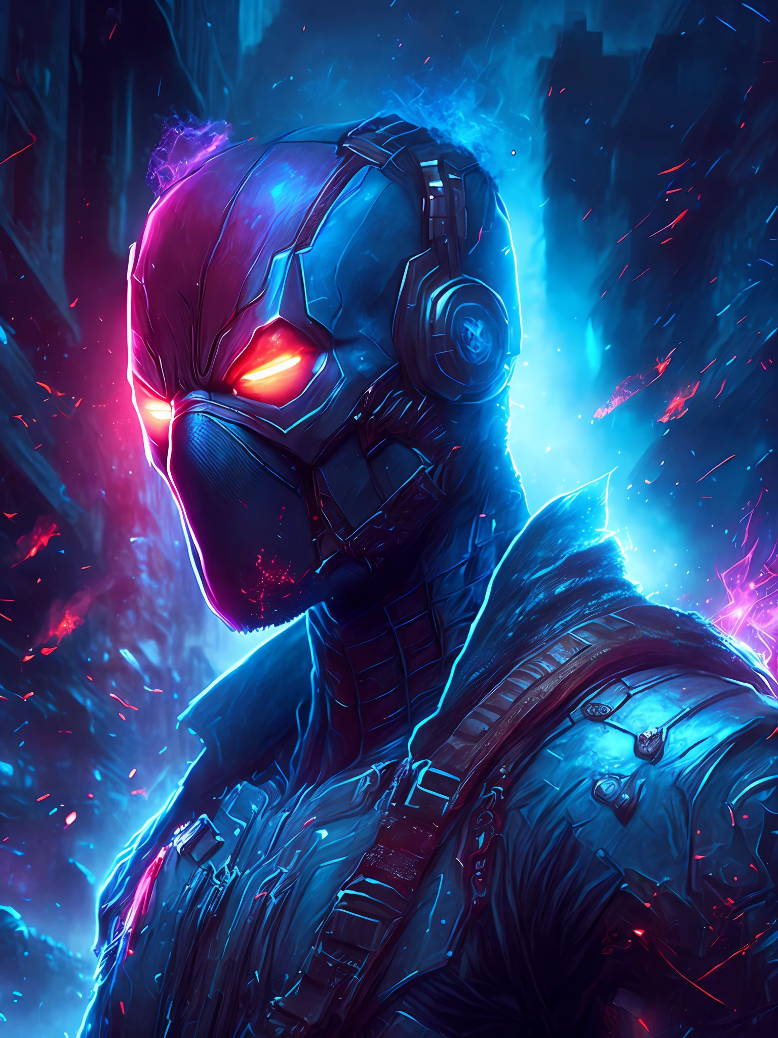 gloomy portrait of Zombie Deadpool from Marvel, extremely detailed, futuristic cityscape, nighttime, glowing neon lights, smoke, sparks, metal shavings, flying debris, blue energy effects, volumetric light