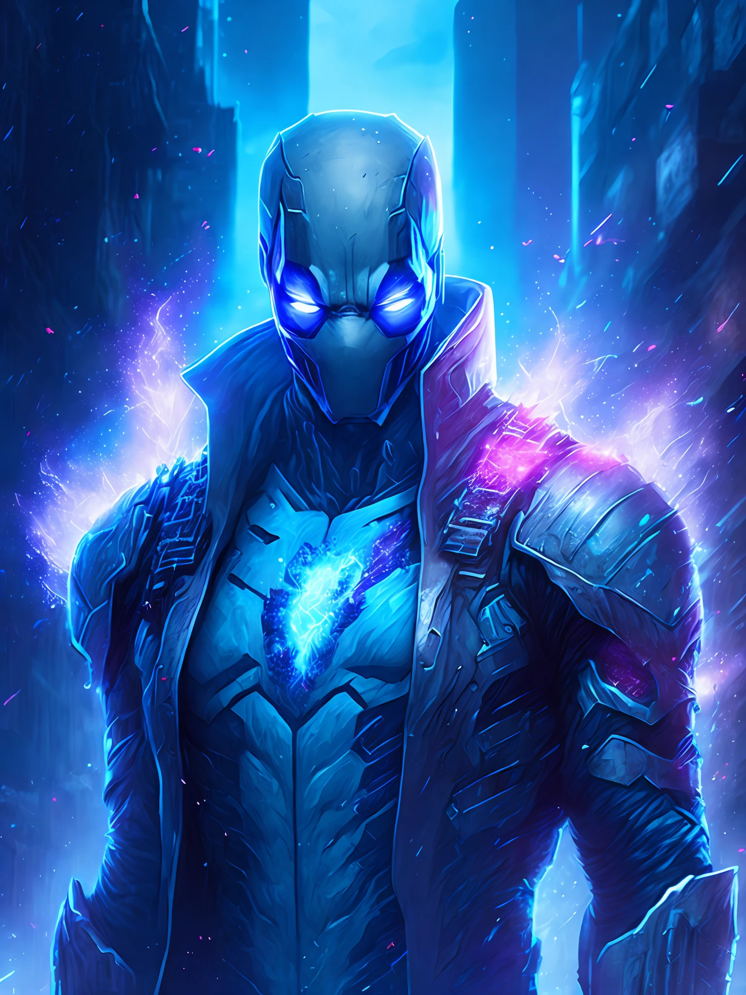 gloomy portrait of Zombie White Deadpool from Marvel, extremely detailed, futuristic cityscape, nighttime, glowing neon lights, smoke, sparks, metal shavings, flying debris, blue energy effects, volumetric light