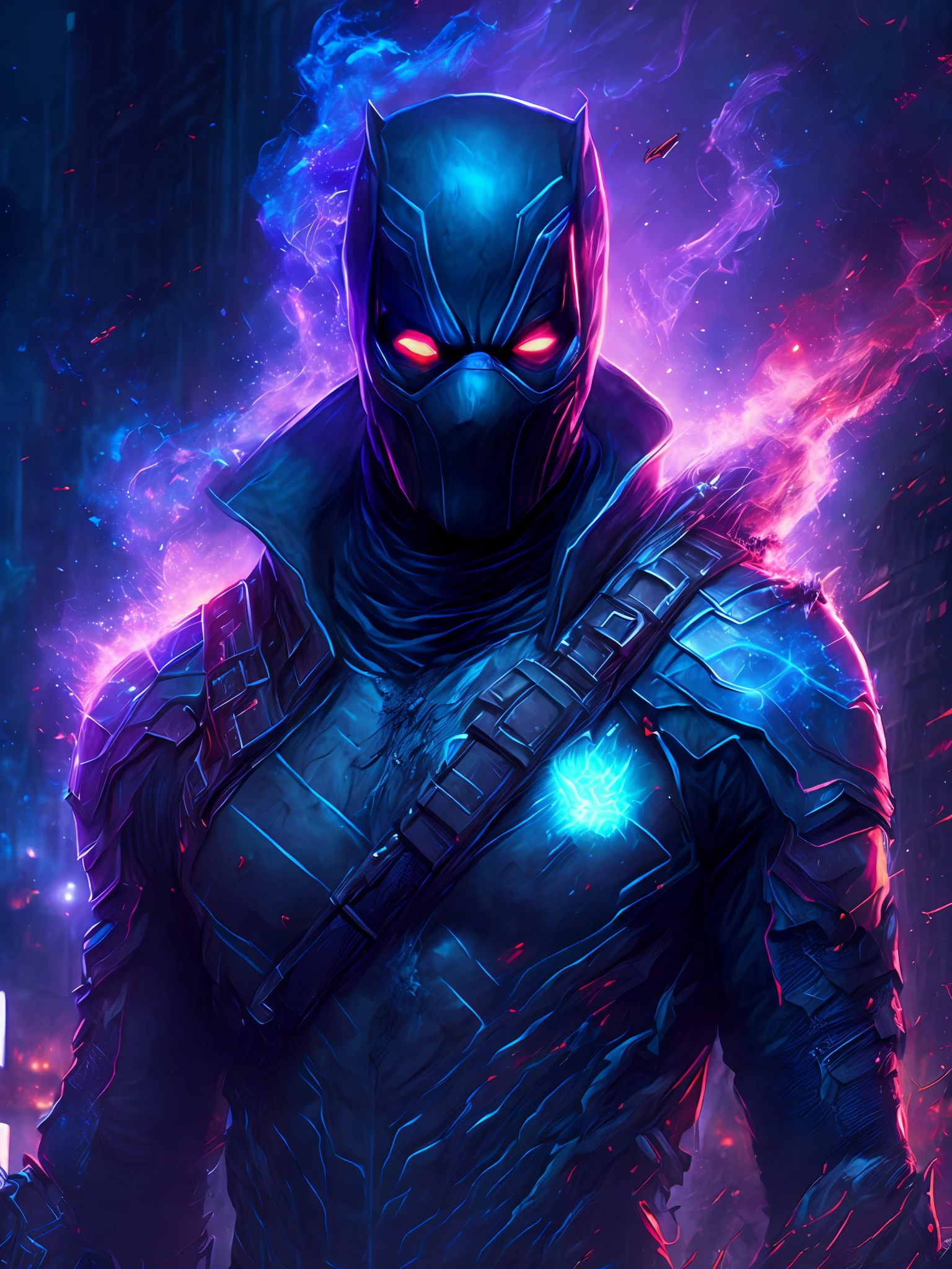 gloomy portrait of Zombie Black Deadpool from Marvel, extremely detailed, futuristic cityscape, nighttime, glowing neon lights, smoke, sparks, metal shavings, flying debris, blue energy effects, volumetric light