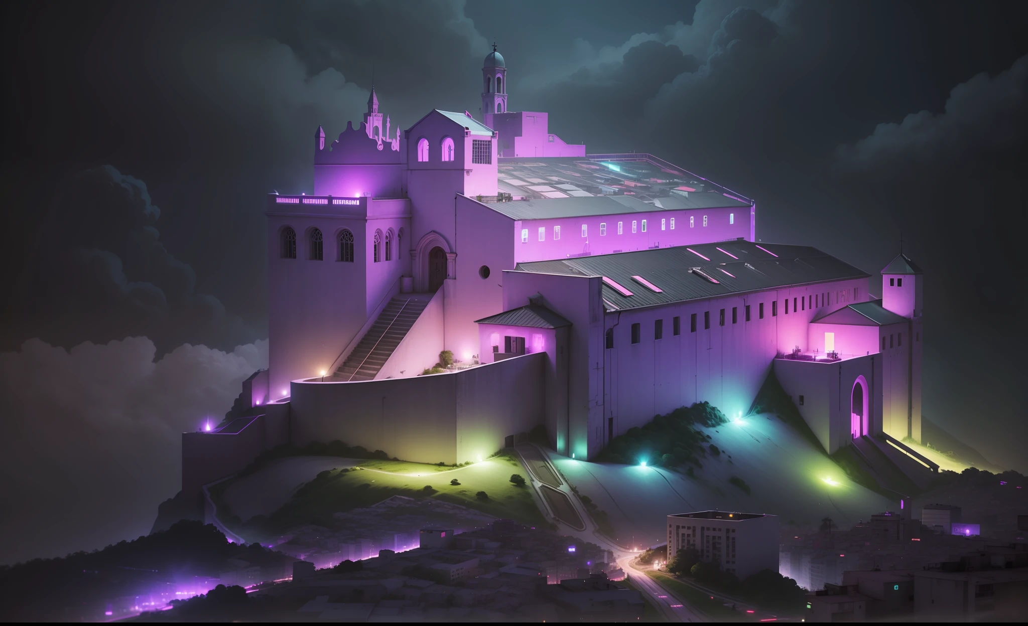 Convento da penha in a cyberpunk world. Drones, robots, purple neon, city in down, VR, holograms. Hyperralistc photo. Details. --auto --s2