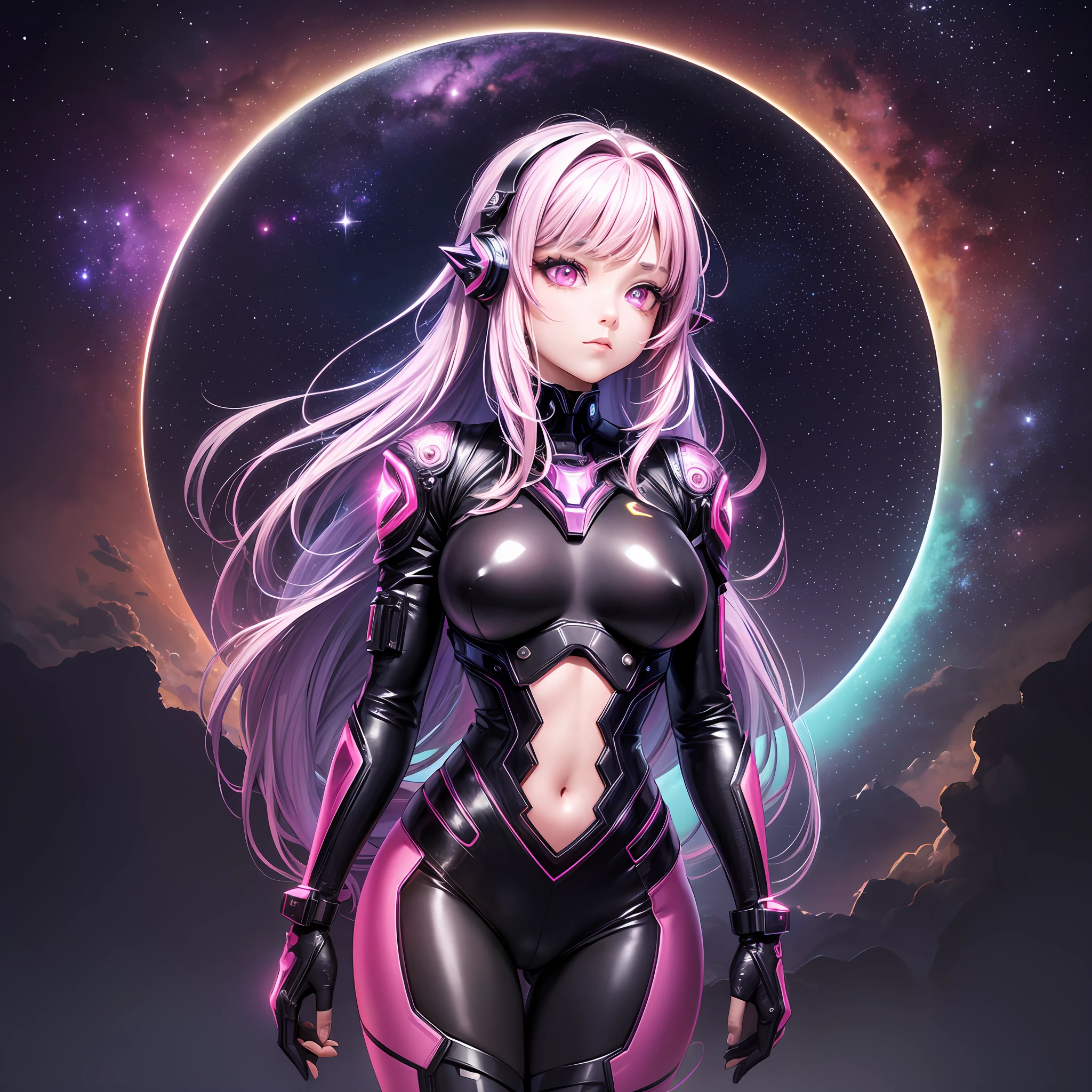 (ultra detailed background, detailed background), absurd, highres, ultra detailed, extremely detailed, 1girl, (nsfw: 1.5), (zentangle: 1.2), (geometric: 1.2), (colorful), (1girl), (sexy girl), alone, (((face and eyes detailed))),((pink eyes)),((long straight loose hair)),((light purple hair)),galactic girl, galaxy, planets, starry sky, space, stars, stars ,((technological boots)),((fluorescent clothing, neon color )),((red sword)), 8k, high quality, full HD,
