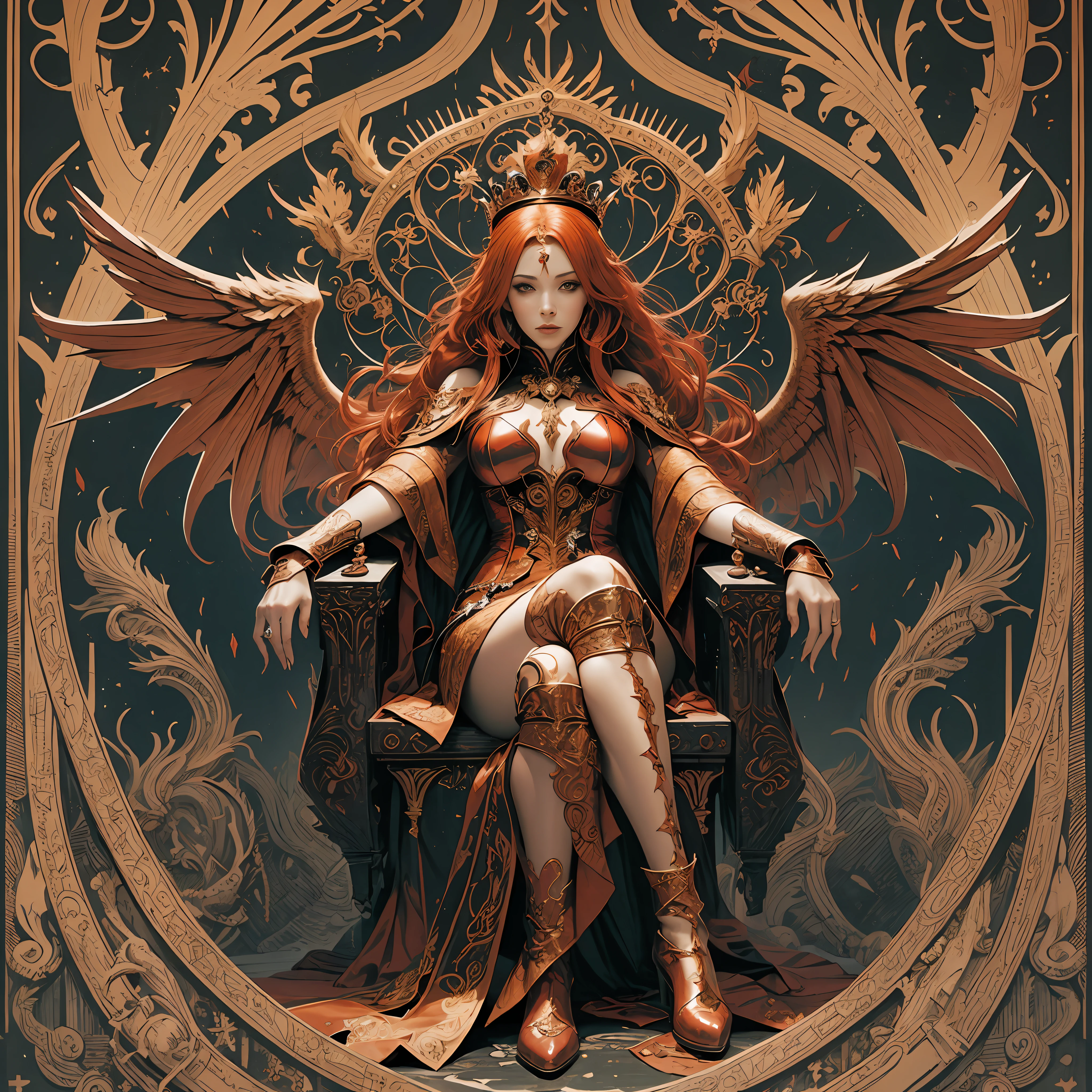 Fire Empress,Long Red Hair,Latex Clothing,Sitting on a Throne,Metal Crown,Masked Servants In Background,Fire Wings,Hand Drawing,Illustration,Art Nouveau