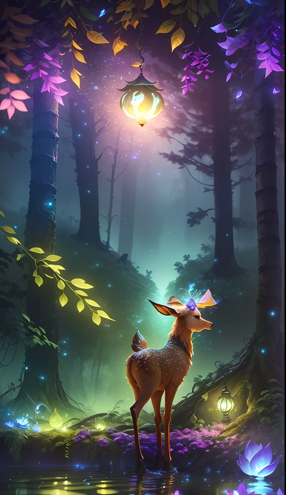 Masterpiece, best quality, (very detailed CG unity 8k wallpaper), (best quality), (best illustration), (best shadows), glow sprite, with a glowing deer, in the swimming pool Drinking water, natural elements in the forest theme. Mysterious forest, beautiful forest, nature, surrounded by flowers, delicate leaves and branches surrounded by fireflies (natural elements), (jungle theme), (leaves), (twigs), (fireflies), (particle effects) etc. 3D , Octane rendering, ray tracing, super detailed
