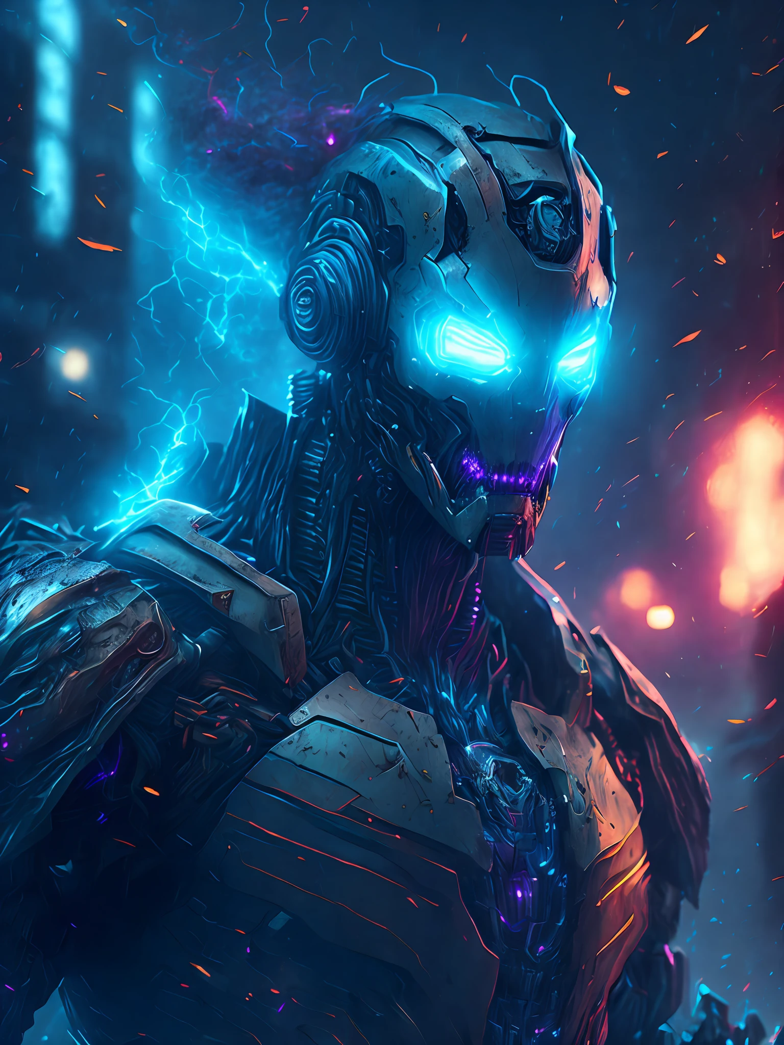 gloomy portrait of Zombie Ultron from Marvel, extremely detailed, futuristic cityscape, nighttime, glowing neon lights, smoke, sparks, metal shavings, flying debris, blue energy effects, volumetric light