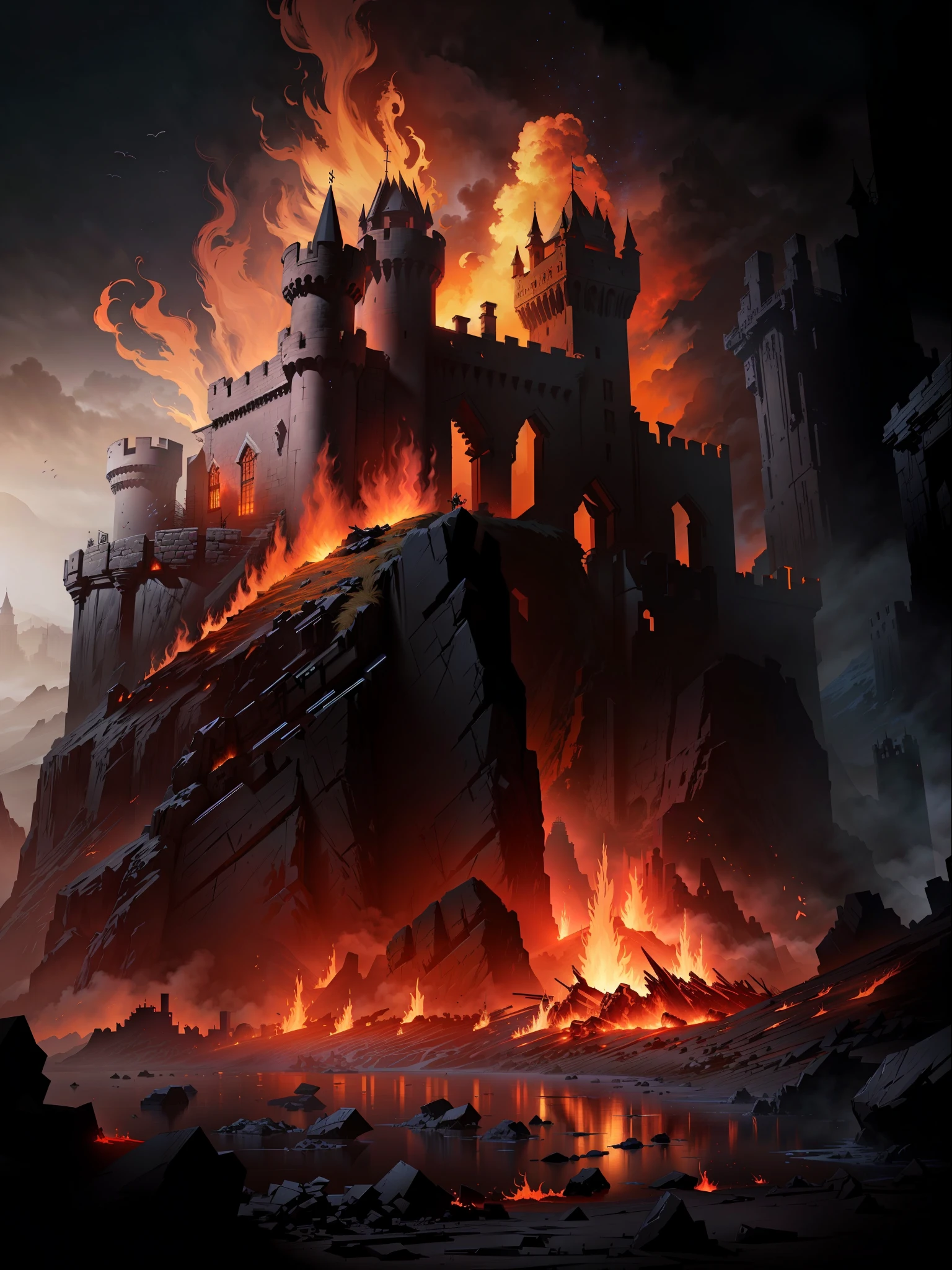 a large castle on a hill with a fire in the middle, an ancient city on fire, destroyed castle, ruins of hell, wrath flame and ruin, dantes inferno, darksouls concept art, dark souls concept art, hellfire background, dota! matte painting concept art, for honor charector concept art, hyperrealistic d & d fantasy art, medieval fantasy game art --auto --s2