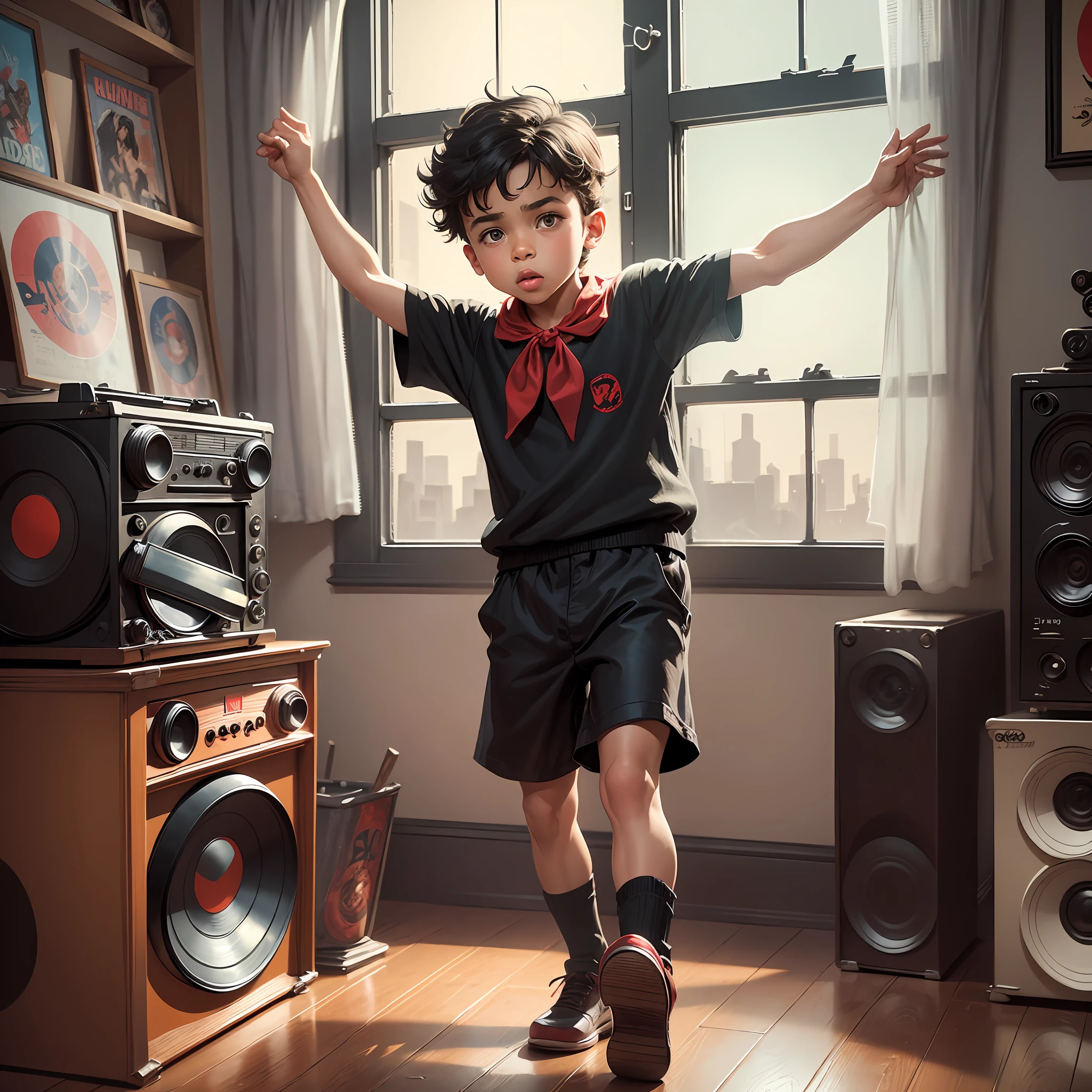dressed in black men's clothes style 60s and with red bandana on his head, dancing in an empty room next to an old record player, vinyl, vintage illustration style, comicbook, attic, window --auto --s2