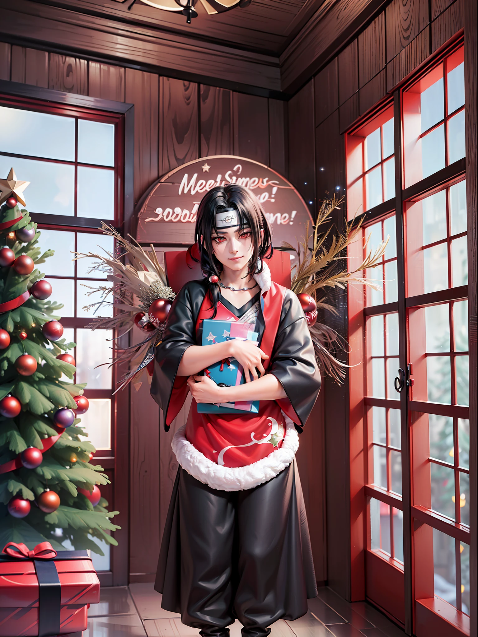 ((Full body):1.5), {uchiha itachi}, Just {uchiha itachi} ((with Christmas raje extremely, holding a gift bag):1.3)), Only {uchiha itachi} ((looking at the viewer, with a look of happiness and manic smile on his face):1.3), ((Inside a house in front of a chimney with a large Christmas tree next to it)), anime, anime-style,  16k, high resolution, ((best quality, high details:1.5), UHD, ((masterpiece))