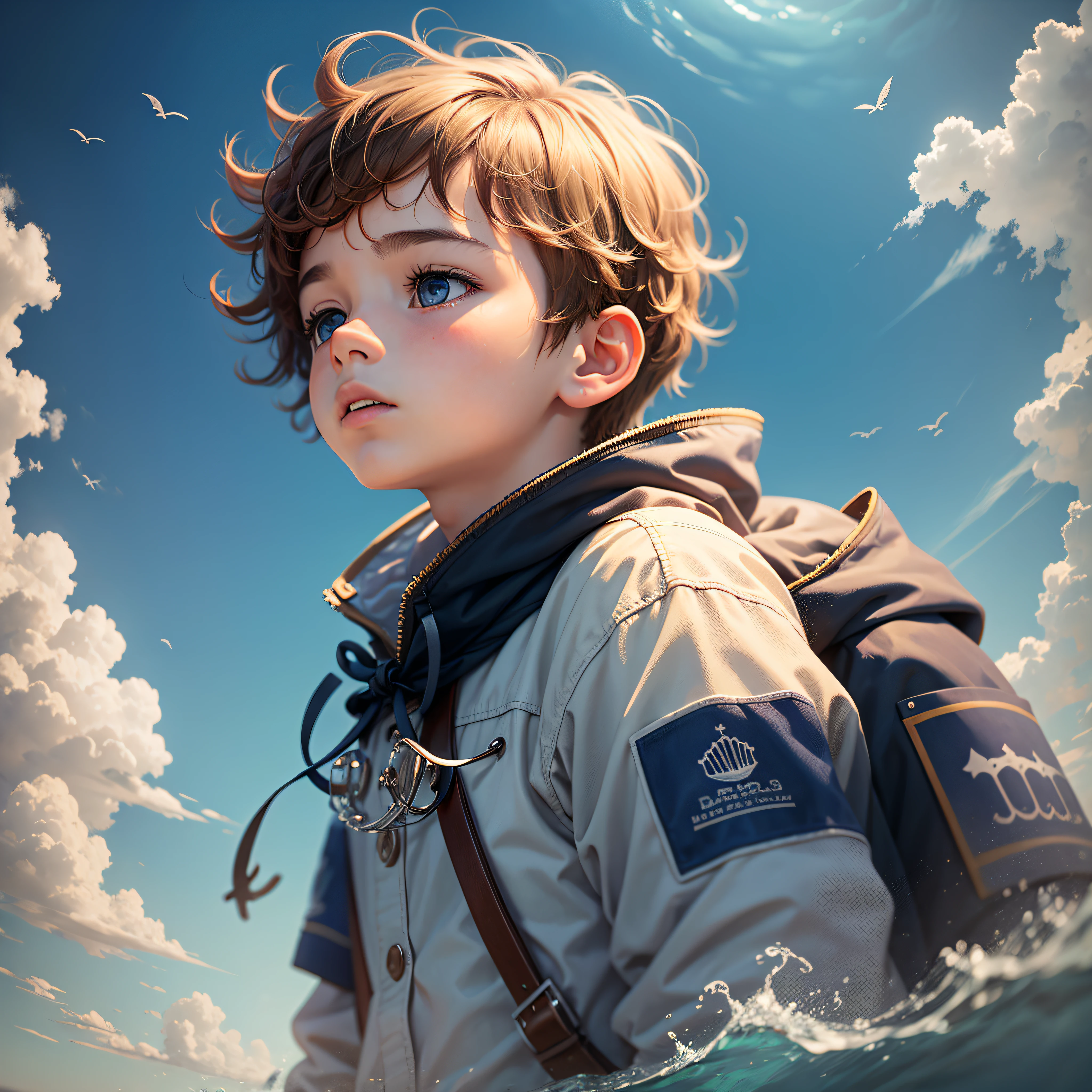Boy looking at the sky, But the sky is the bottom of the sea --auto --s2